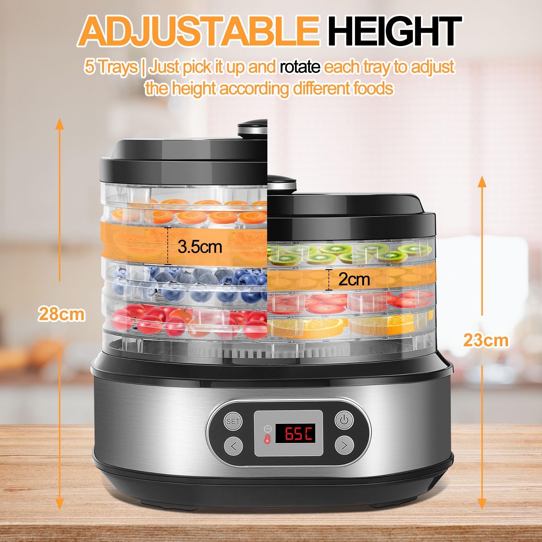 DeeprBling Déshydrateur Alimentaire, 450W déshydrateur d'Aliments à 5 Plateaux Réglables en Hauteur, Déshydrateur Fruits et Legumes avec Minuterie 72H et Température 35-70°C, Écran Digital, Sans BPA