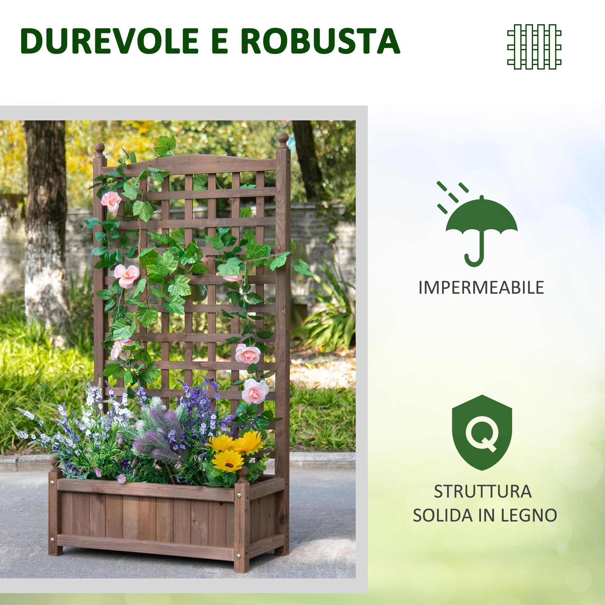 Outsunny Fioriera da Esterno in Legno, Portapiante con Grigliato per Piante Rampicanti e Aiuola Rialzata, 64x28x120cm, Marrone