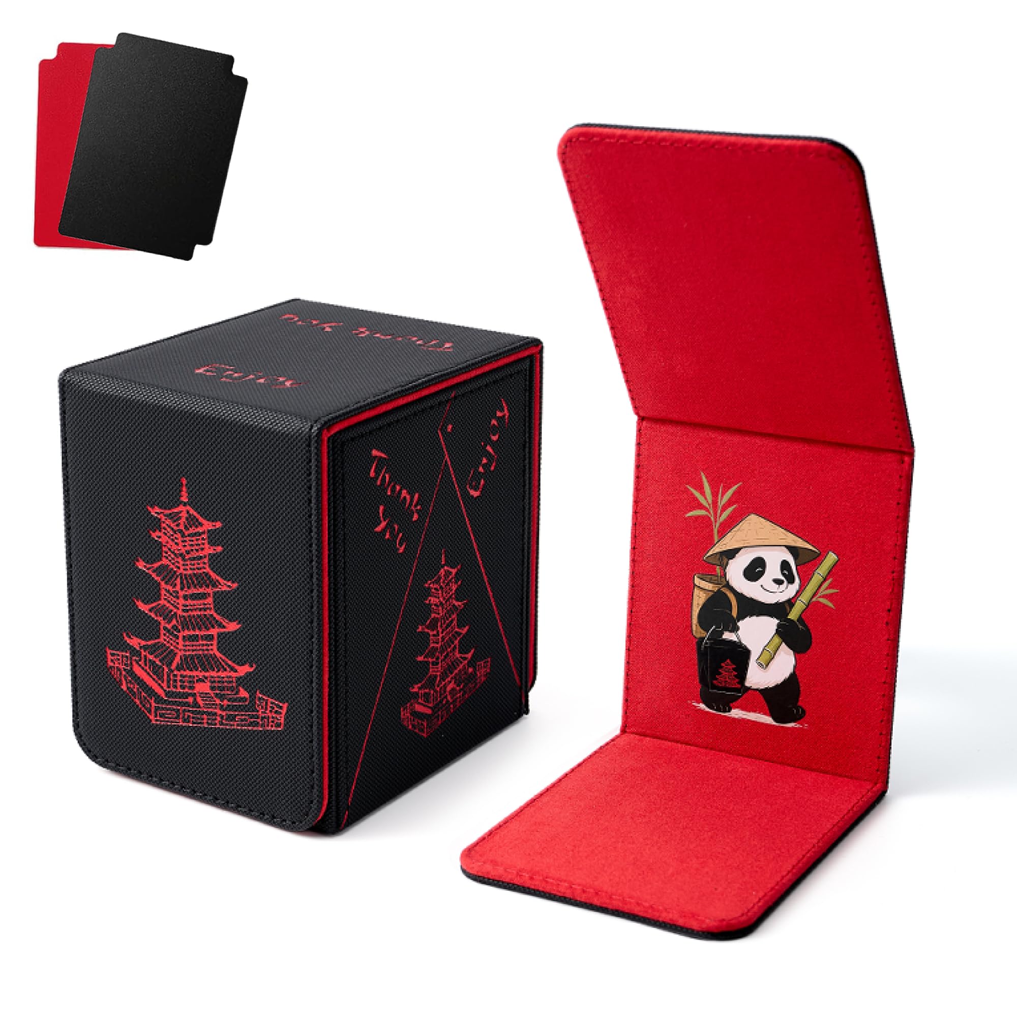 Venssu Chinese Takeout MTG Deck Box, Commander Deck Case Fits 100 Double Sleeved Cards, PU Leather Storage Box with 2 Dividers, Compatible with TCG/PTCG/EDH/Magic/Sport Cards (Black and Red)