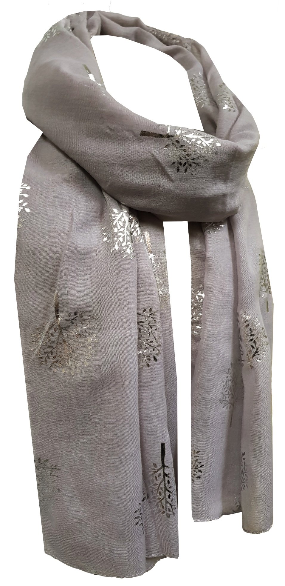 World of Shawls Silver Foil Mulberry Tree Print Fashion Scarf (Silver)