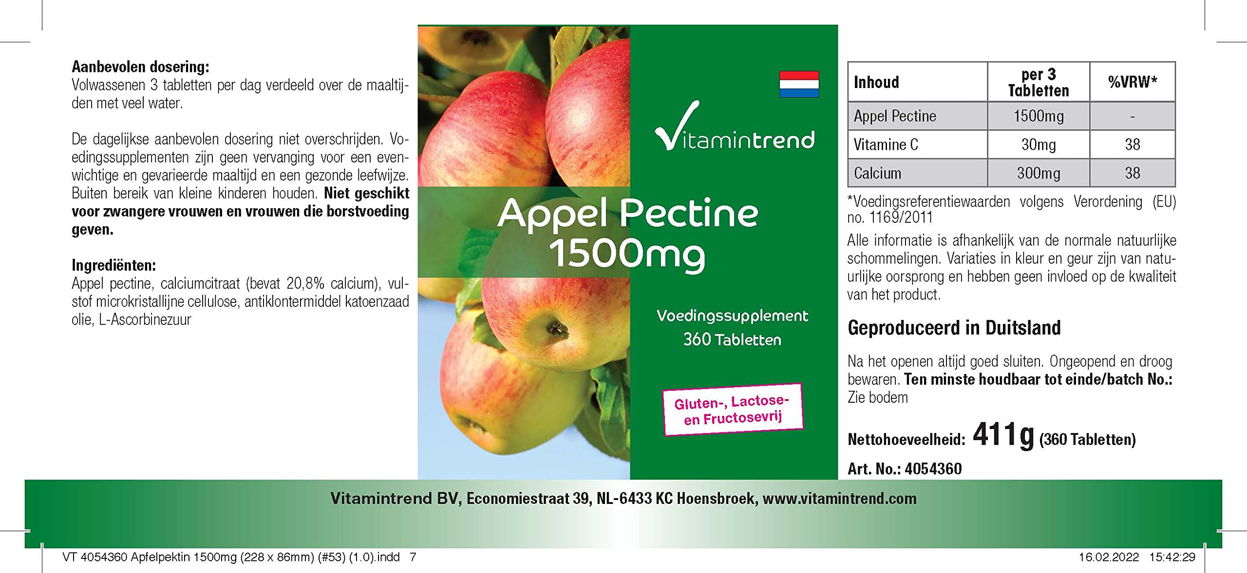 Vitamintrend Pectine de pomme 1500 mg, 360 comprimés, avec calcium et vitamine C, complément alimentaire végane sans additifs, fabriqué en Allemagne