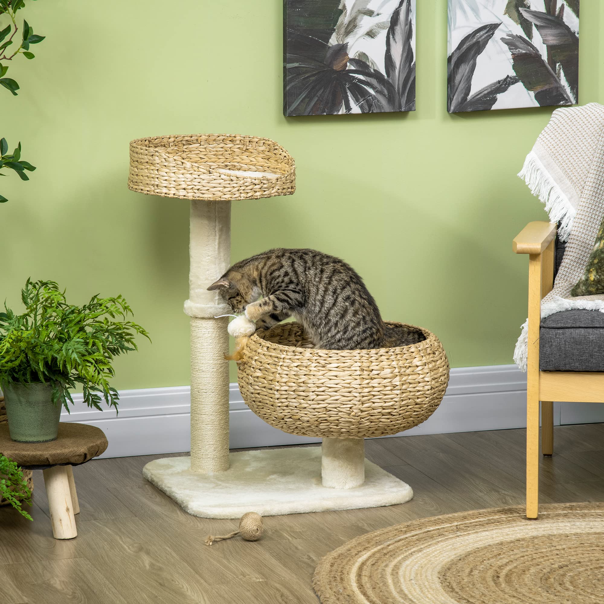 PawHut 72cm Cat Tree Kitten Tower with 2 Beds Scratching Post Toy Ball Beige, 48x48x72cm - Image 2