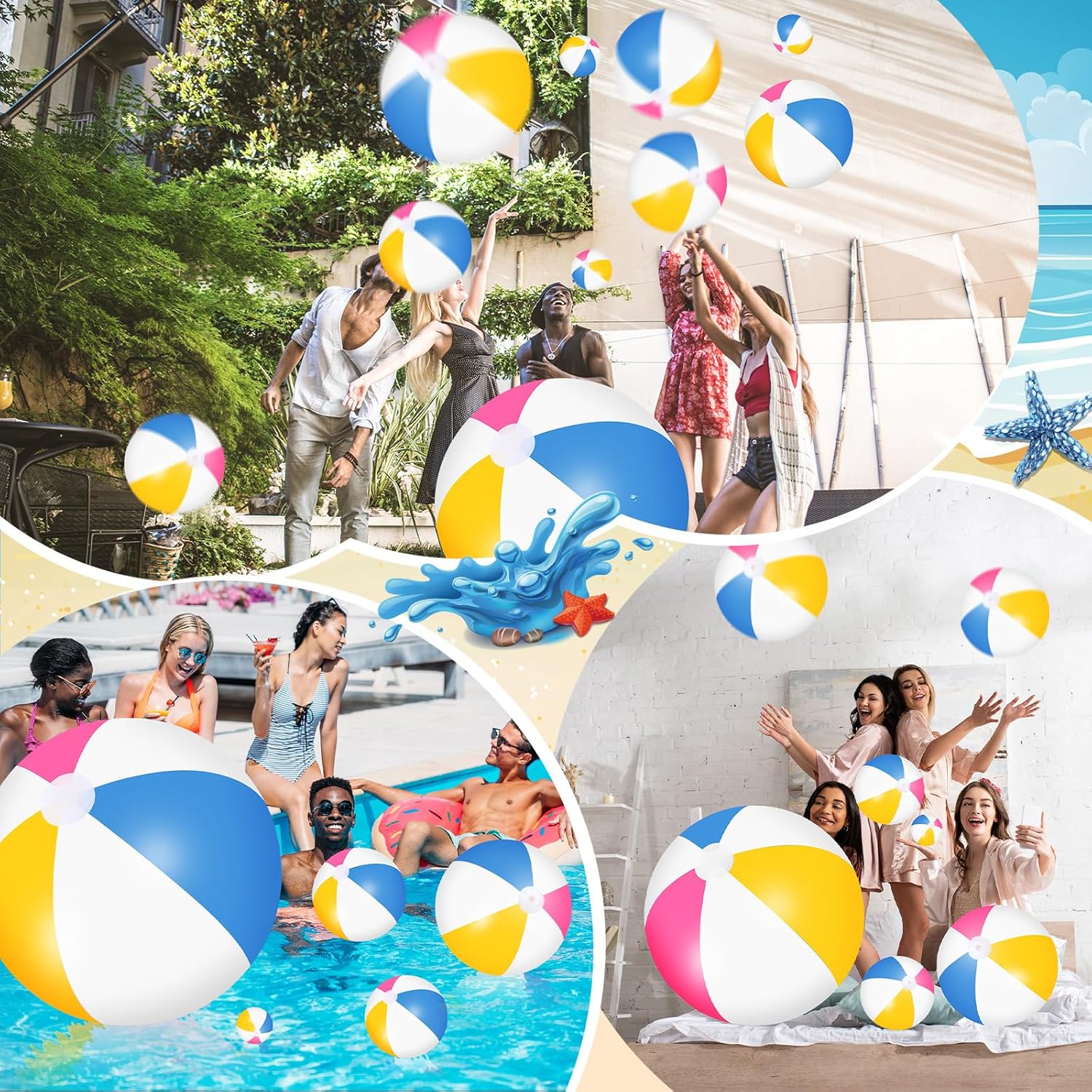 Realspring 36 Pcs Inflatable Beach Balls Bulk 6" 12" 16" 24" 40" Multiple Sizes PVC Summer Swimming Pool Ball for Adults Outdoor Beach Hawaii Water Games Party Decorations