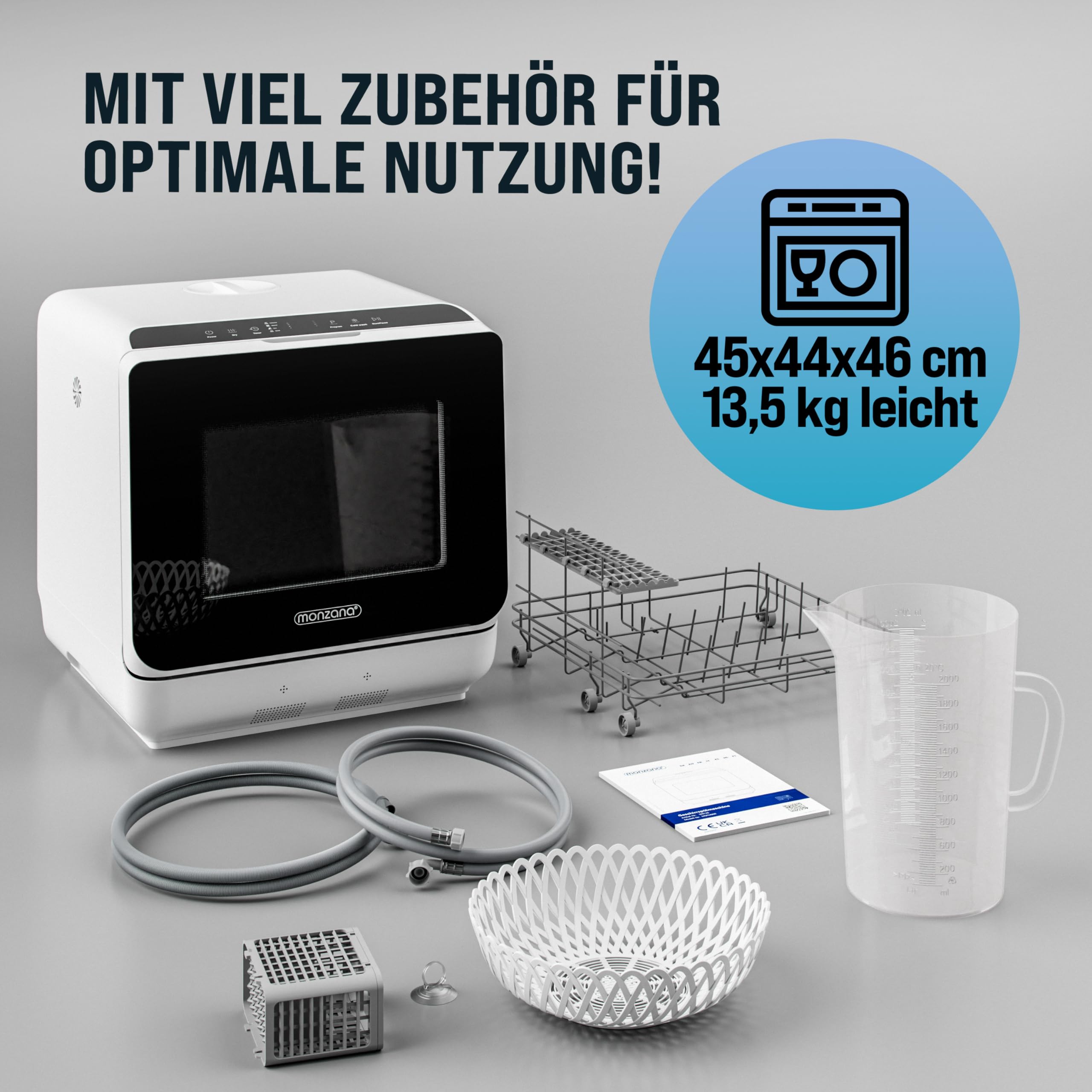 MONZANA Tischspülmaschine Mini Geschirrspüler 45cm 4,5L 6 Programme 4 Gedecke Weiß App Funktion