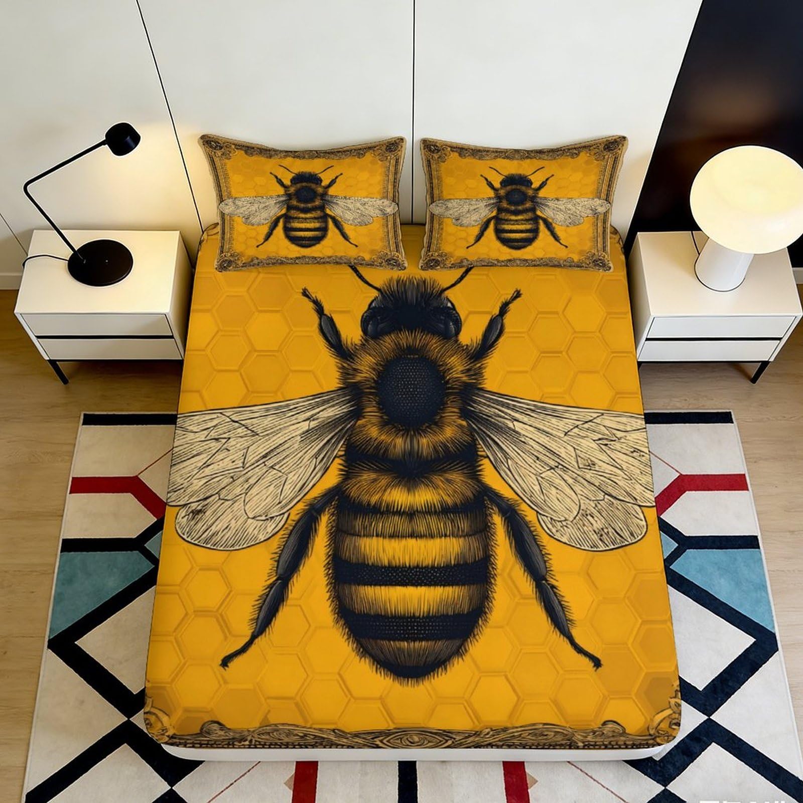 Jqzkxnhpbr Style-4 3D Printed Honey Bee Fitted Sheet Microfiber Yellow Insect Art Mattress Cover For Bedroom Dorm Protection Decor 90X200x25cm