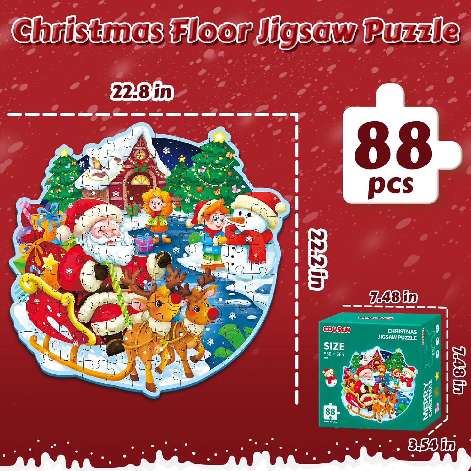 Christmas Floor Puzzle for Kids Ages 3-5 & 4-8, 88 Piece Blue Cardboard Jigsaw Puzzles for Kids, Learning Educational Toys Birthday, for 3 4 5 6 Year Old Girls & Boys