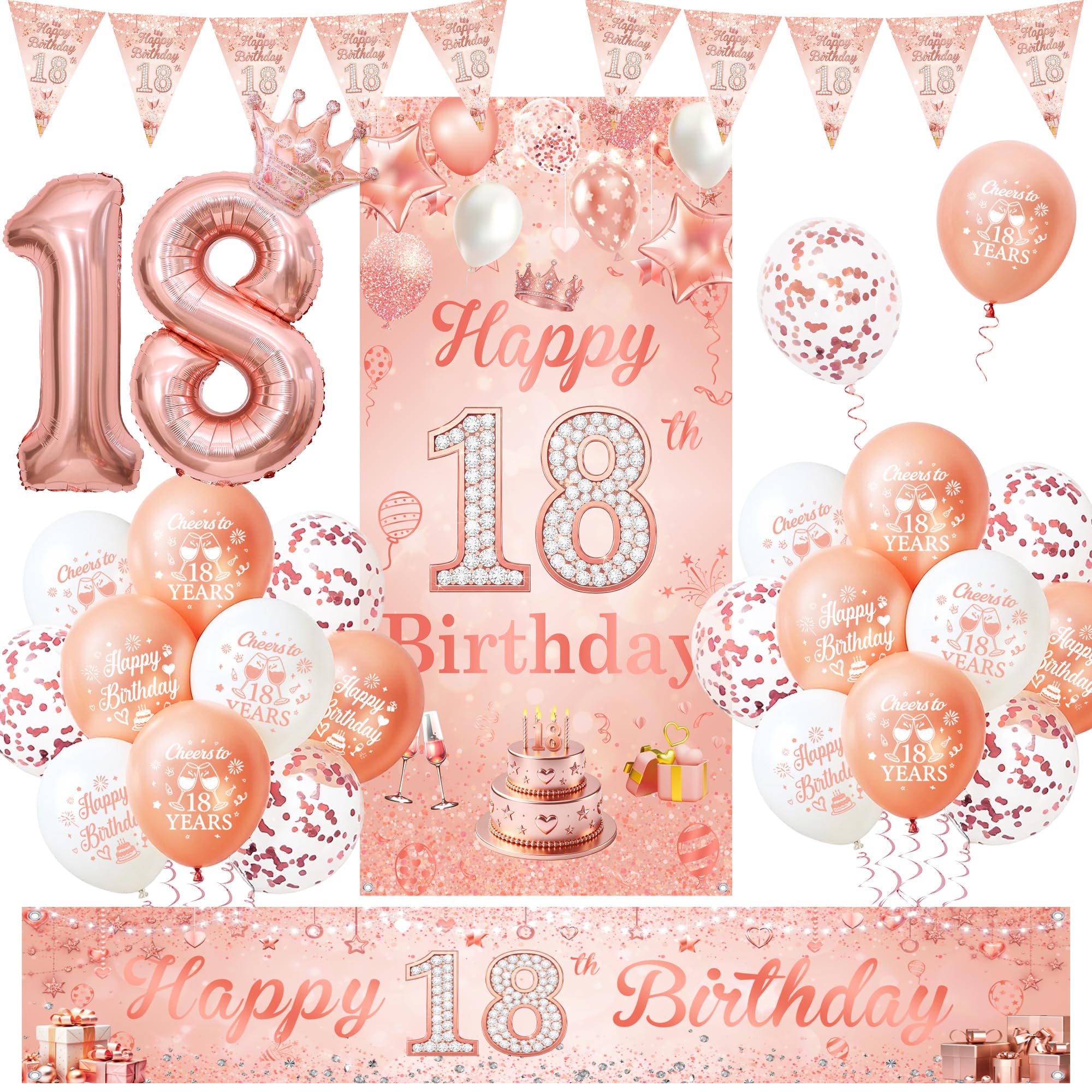 18th Birthday Decorations for Girls, Rose Gold Happy 18th Birthday Banner