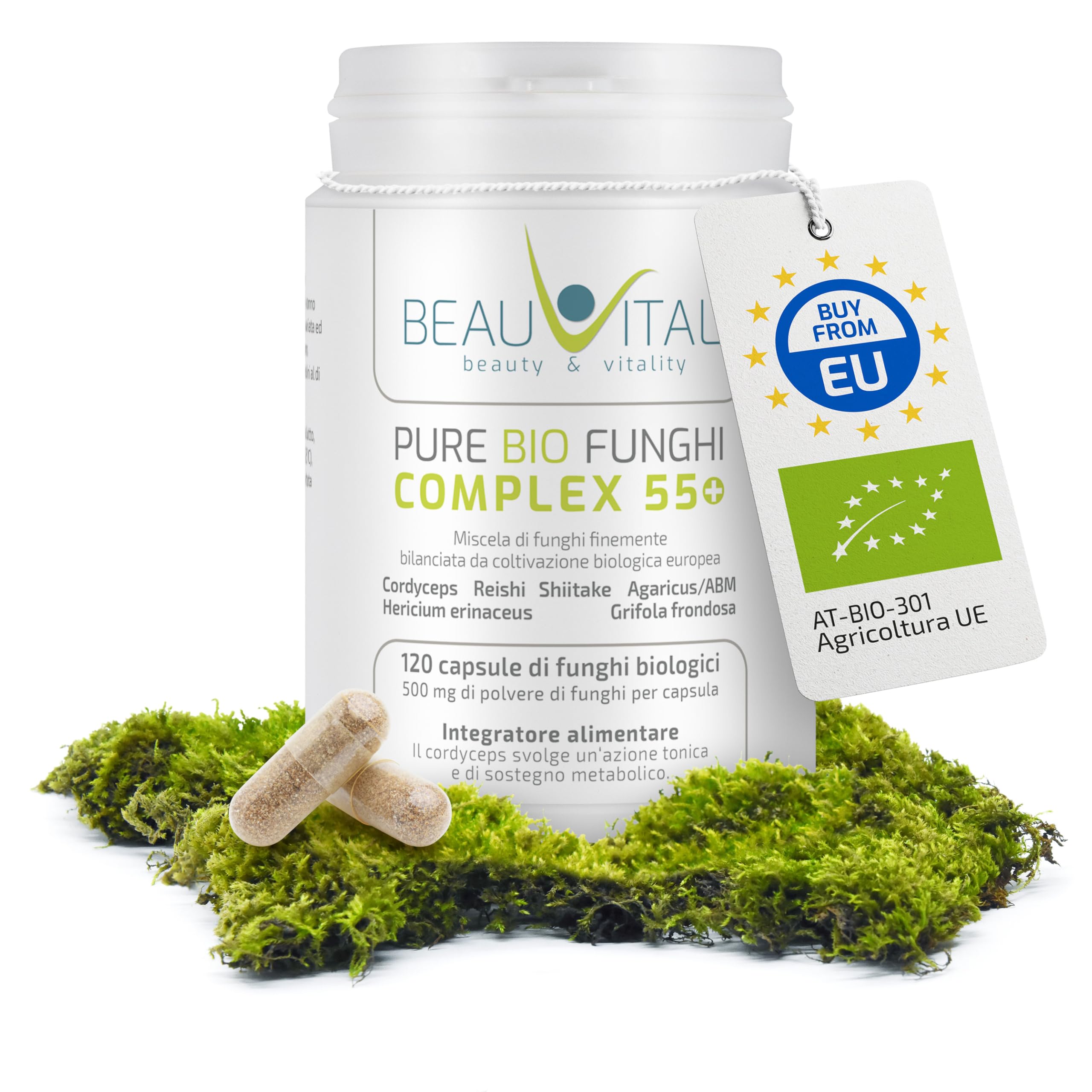 Pure Bio Mix Funghi medicinali Complex 55+ 120 capsule da 500 mg da Cordyceps Hericium Reishi Agaricus Maitake Shiitake da agricoltura biologica dell'UE, vegano