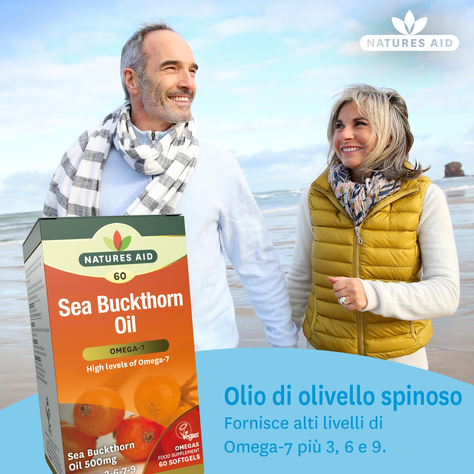 Natures Aid 100% Pure Omega-7 Sea Buckthorn Oil 500mg 60 Vegetarian Softgels