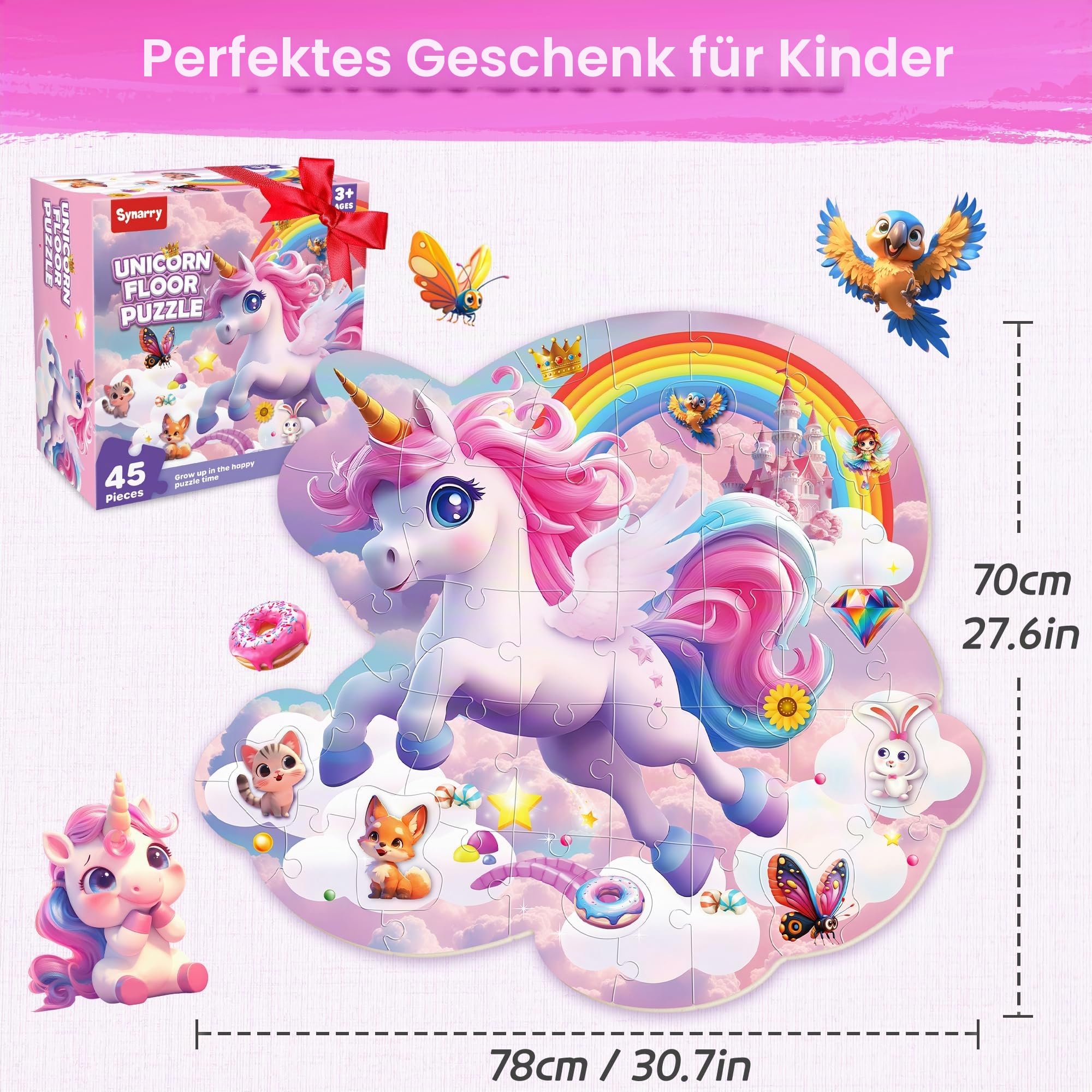 SYNARRY Einhorn Puzzle Kinder ab 3 4 5 6 7 8 Jahre, 45 Teilige Großes Bodenpuzzle für Kinder, Einhorn Spielzeug Geschenke für Mädchen