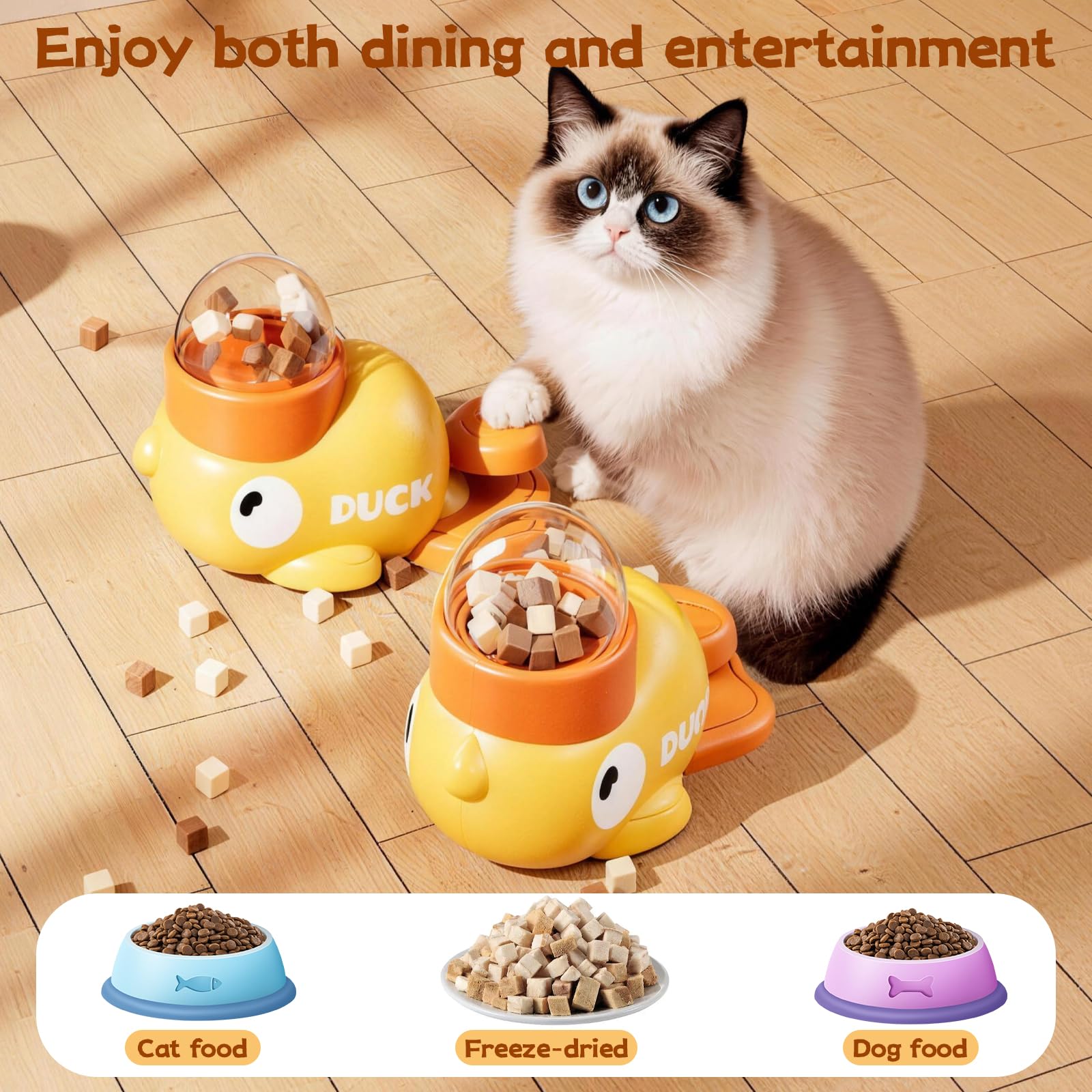 Distributeur Croquettes Chat Forme de Canard Jaune, 2 en 1 Distributeur Croquettes Chien avec 3 Couvercles, Jouet Interactif Chien, Educational Pet Feeder Toy, Jouet Intelligence Chat
