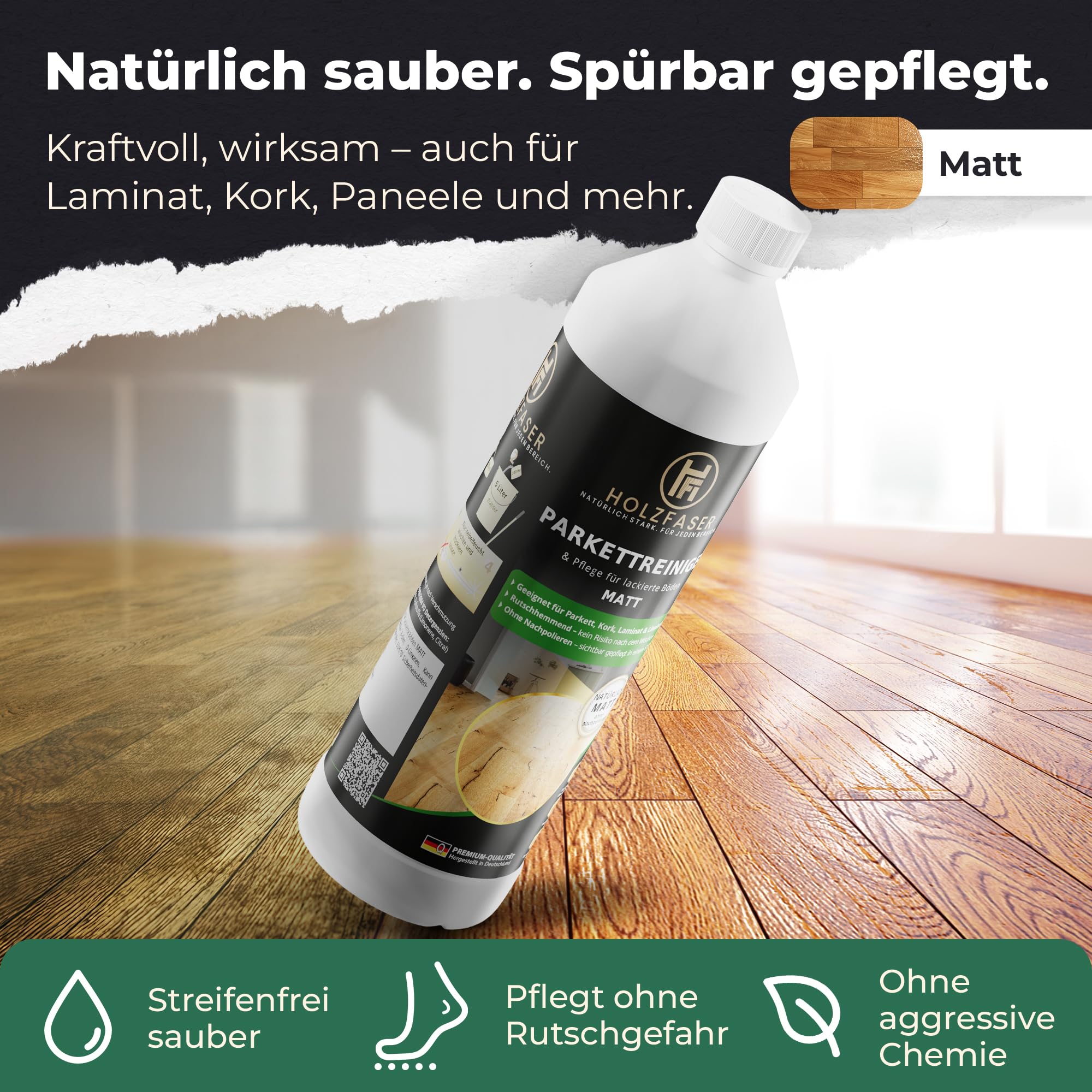 Parkettreiniger MATT + GLÄNZEND Set – 2× 1L 3-in-1 Konzentrat für versiegelte Parkett- & Holzböden, Parkett Pflege, Laminat & Kork | streifenfrei ohne Nachpolieren, rutschhemmend