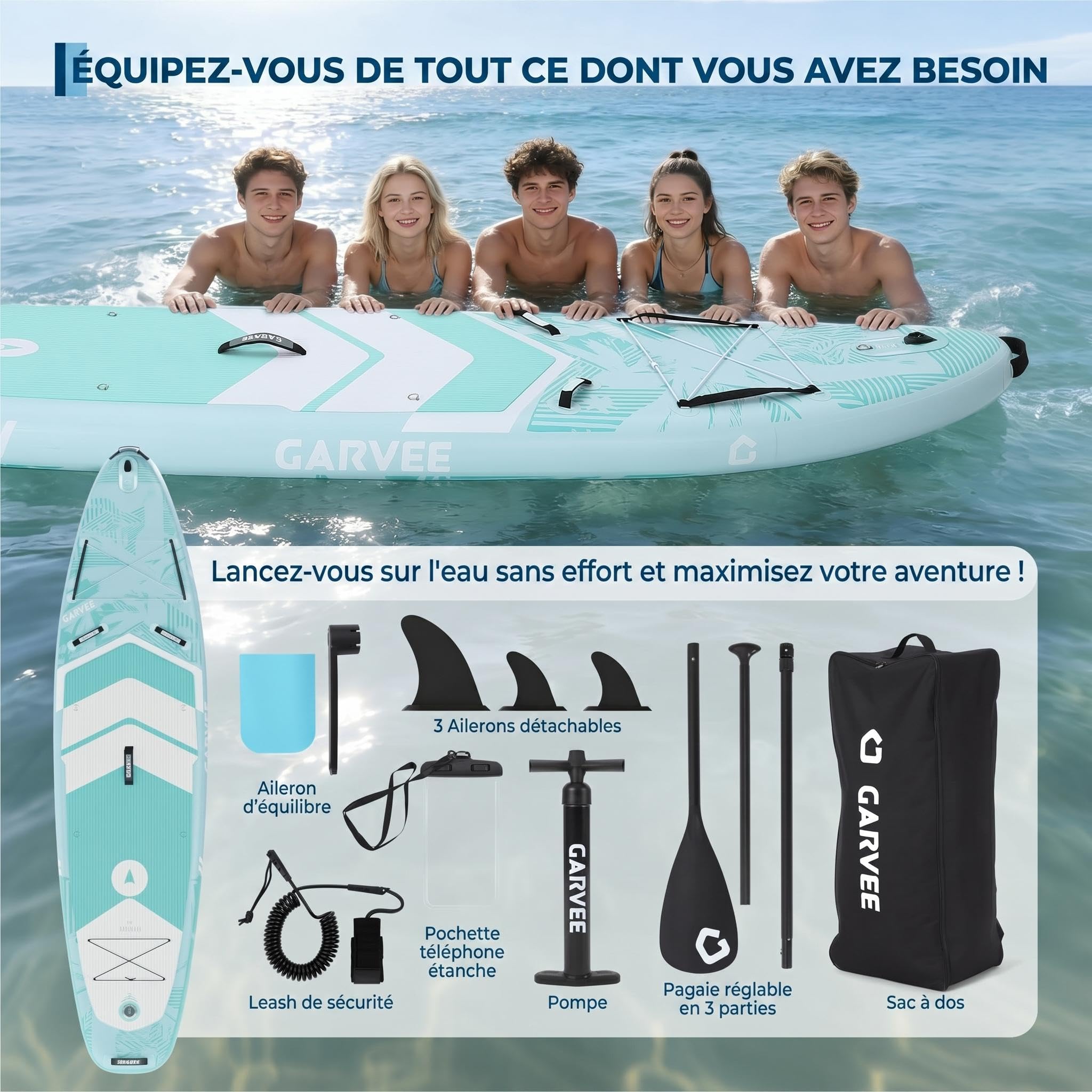 Garvee Sup Gonflable Haut de Gamme - Planche Debout Paddle avec Support caméra, pagaie réglable, Accessoires complets, Stable et Durable - Facile à Transporter - Taille 335×86×15 cm