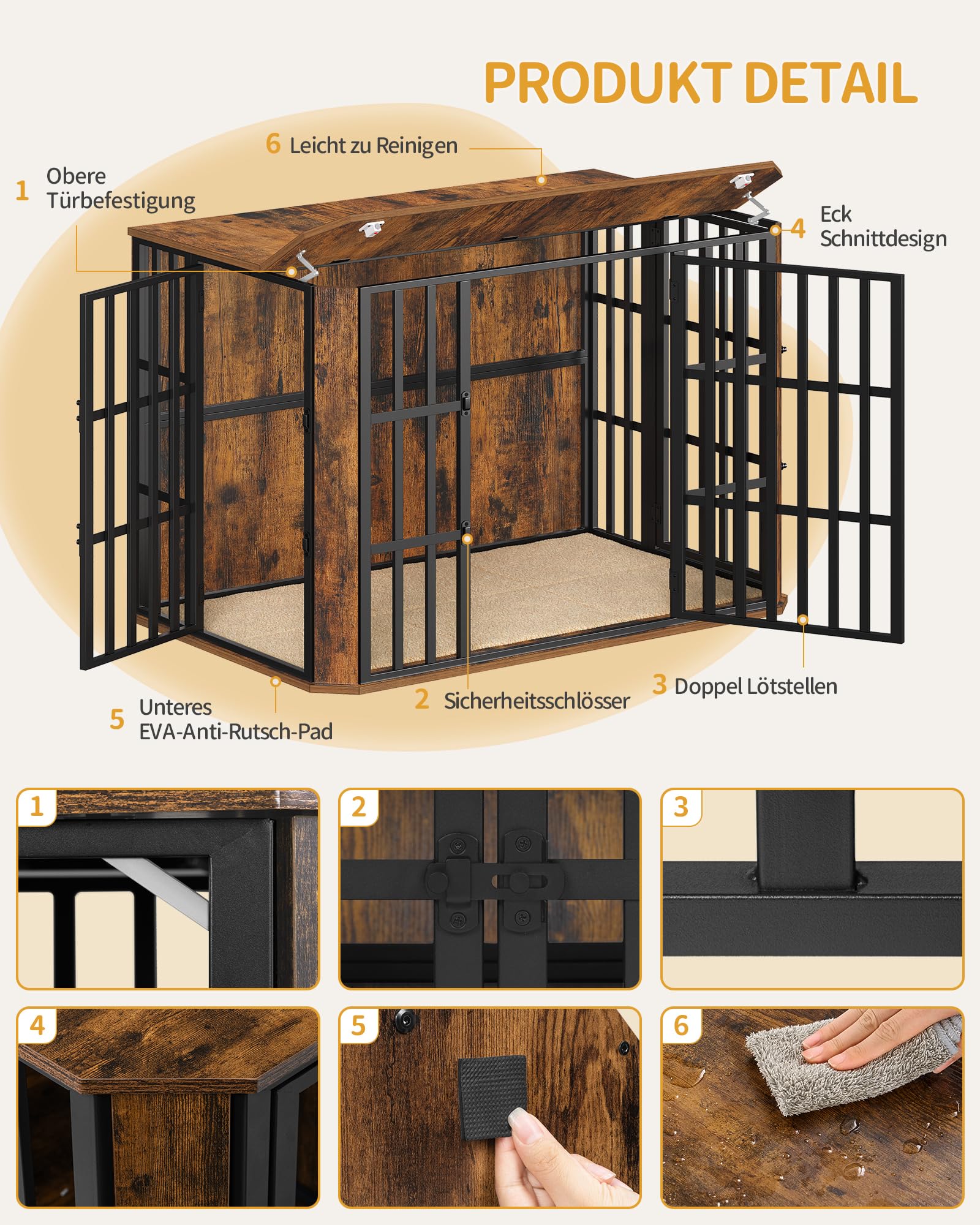 Hzuaneri Hundekäfig Möbel, Hochbelastbar Hundebox aus Holz für den Innenbereich mit Futtertür Oben, Mehrtür-Design, Großer Hundekäfig-Beistelltisch, 120 x 75 x 81 cm, Vintage Braun DFC86801B