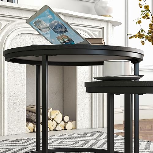 Miniatura 27 de HOJINLINERO Juego de 2 mesas de centro redondas para sala de estar, mesa de centro pequeña negra, mesa de estar, mesas anidables con marco de metal,