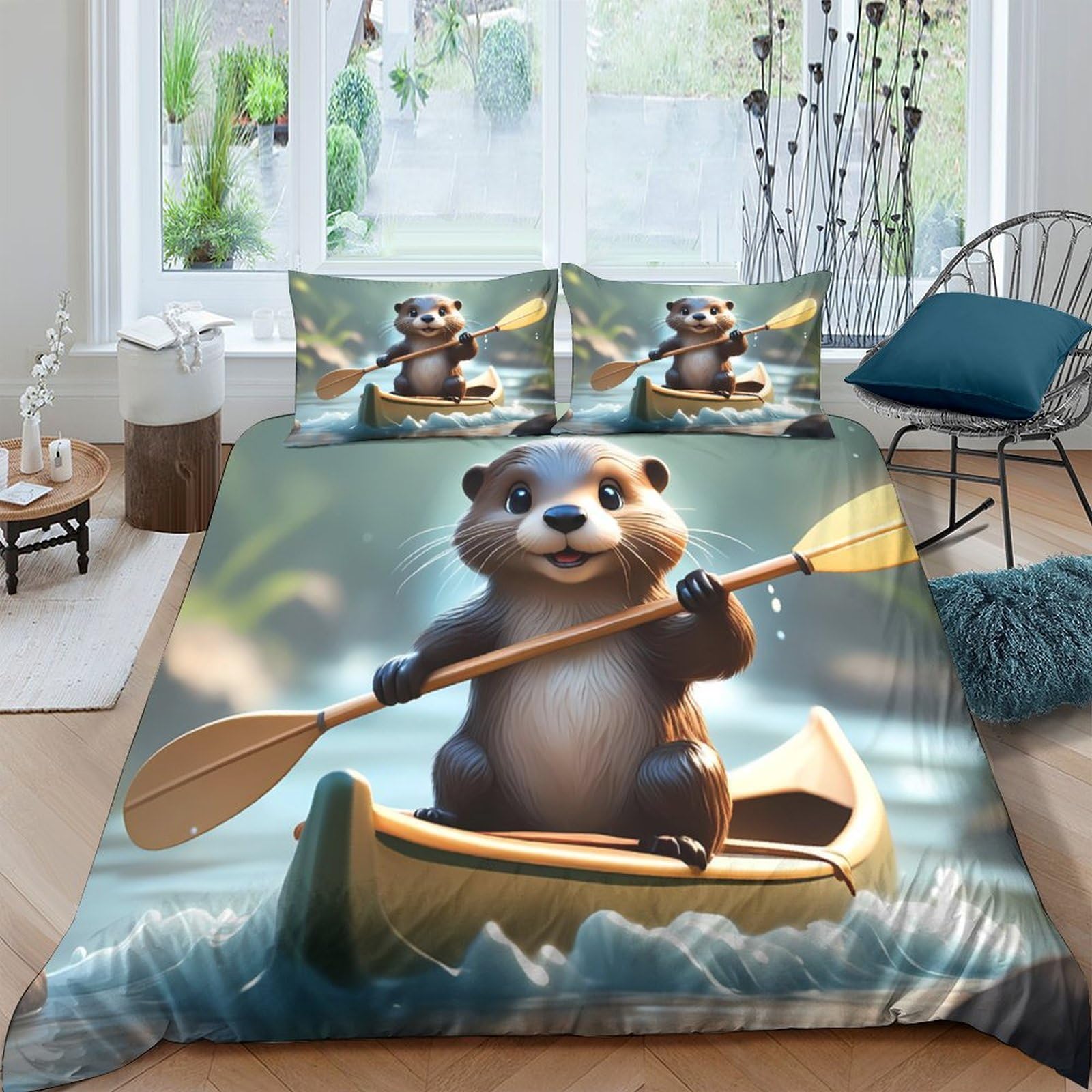 Ctjqhvkz Style-9 3D Printed Cartoon Otter Fitted Sheet Microfiber Soft Blue Canoe Mattress Cover For Bedroom Dorm Bed Protection Decor Single（135X200cm）