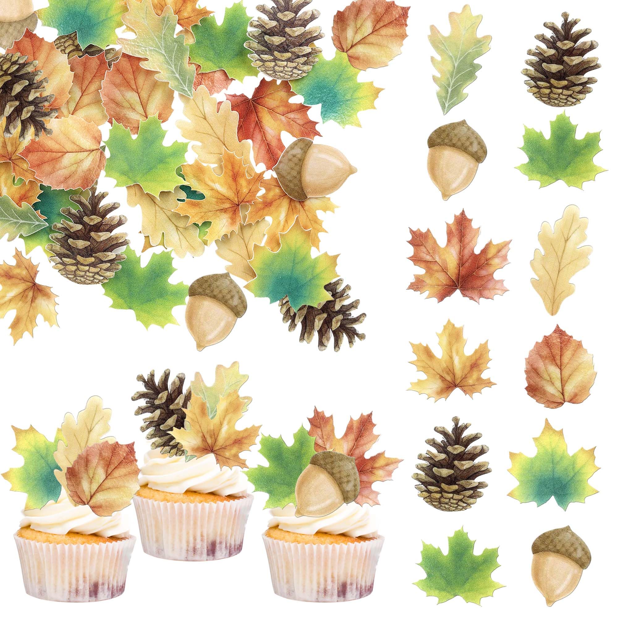 SYKYCTCY 63 Pack Edible Fall Leaves Cupcake Toppers Wafer Paper Autumn Maple Leaves Cake Decorations for Thanksgiving Baby Shower Birthday Party Food Decor Supplies