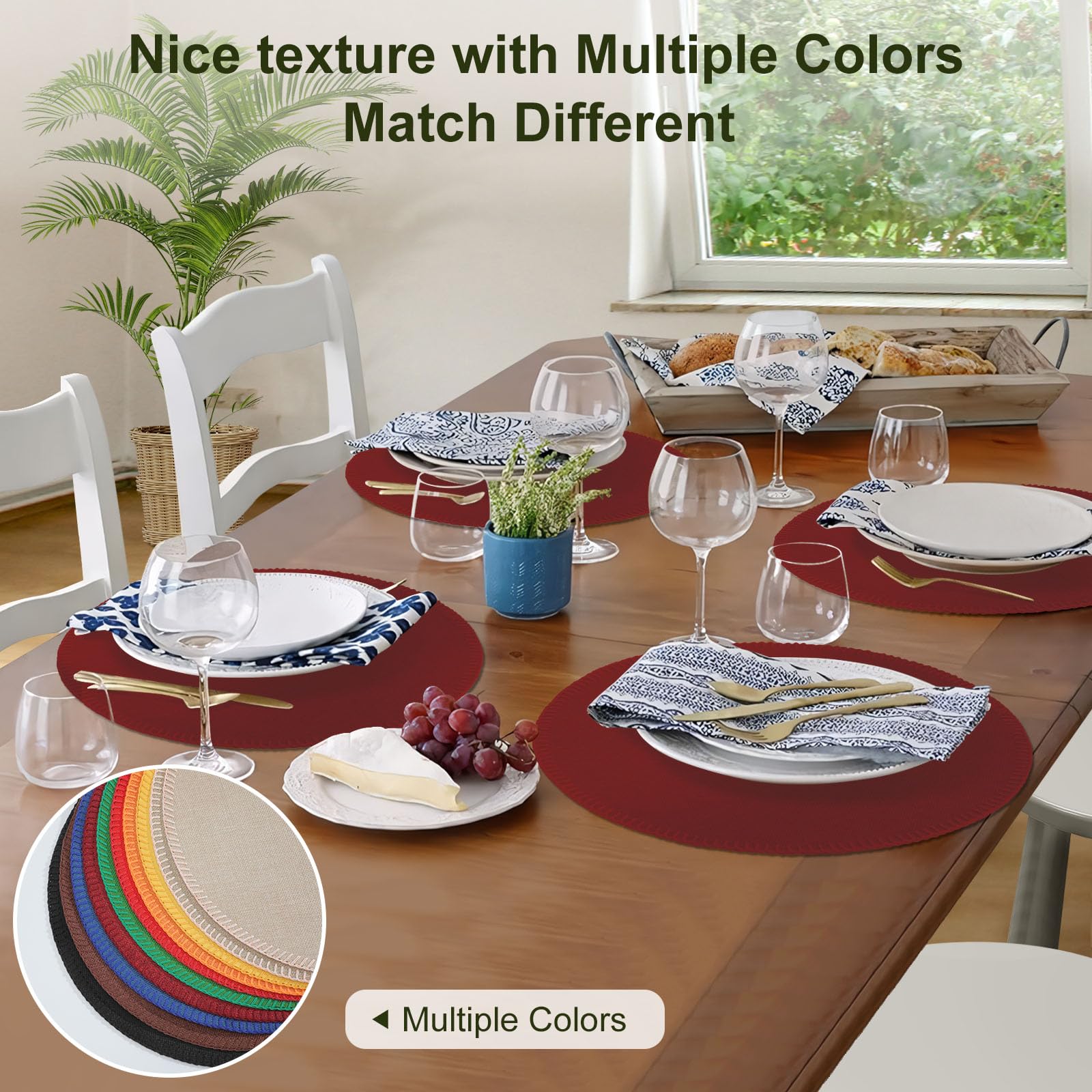 Rinpon Round Placemats Set of 8, Machine Washable Linen-Like Cloth Place Mats & Heat-Resistant for Dining Table - Image 3