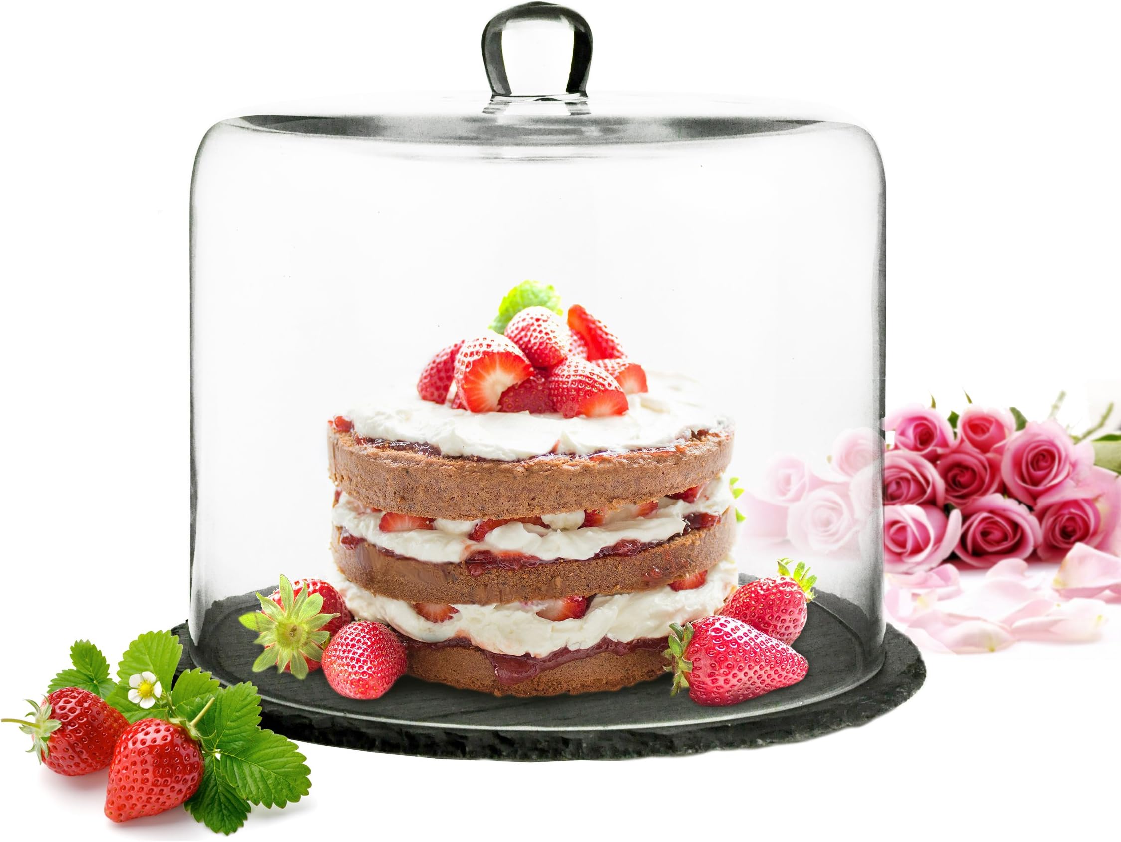 glass dome on slate plate, 28 x 25 cm, cake dome, cheese cover