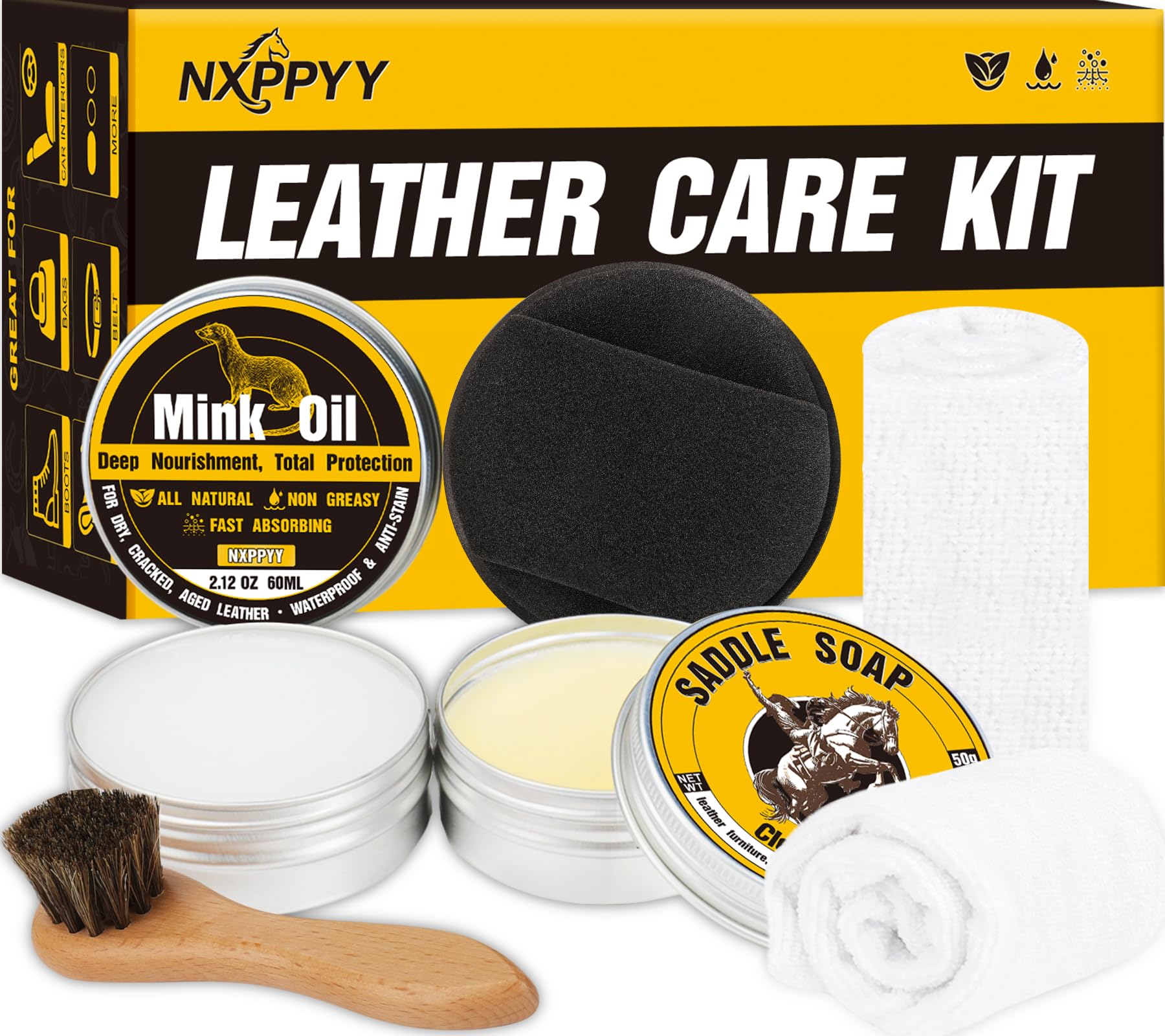 Leather Boot Care Kit, Mink Oil & Saddle Soap for Leather Cleaning & Leather Boots, 6-in-1 Leather Shoe Care Kit, Leather Cleaner and Conditioner for Purses, Shoes, Boots, Couch, Car
