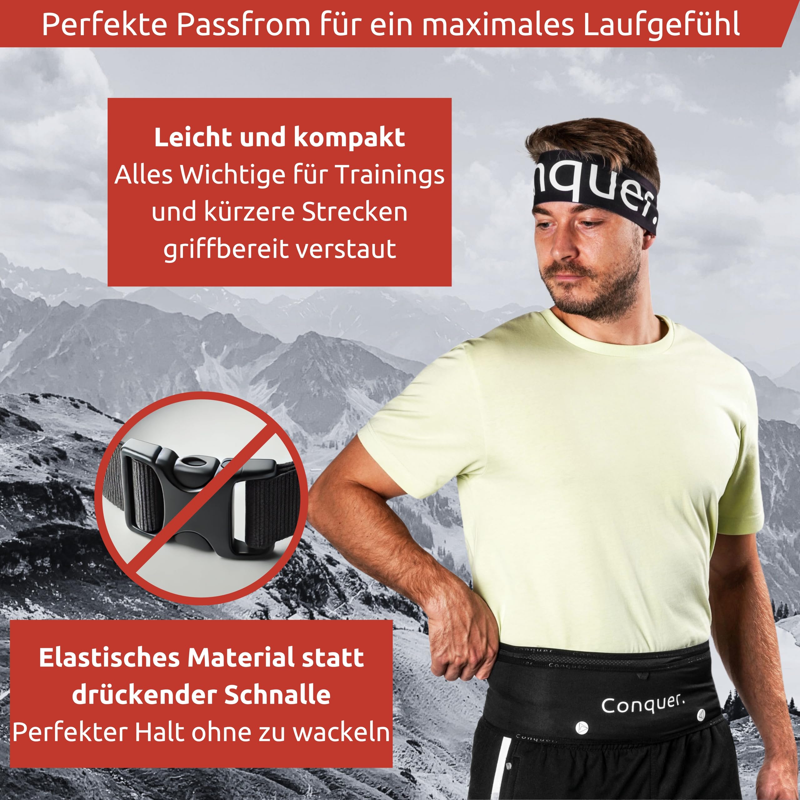 Conquer. Laufgürtel mit Handytasche zum joggen | eng anliegende Lauftasche Damen & Herren mit Handyhalterung, Fach mit Reißverschluss und für Trinkflasche | Trinkgürtel, Running Belt (Laufgürtel, S/M)