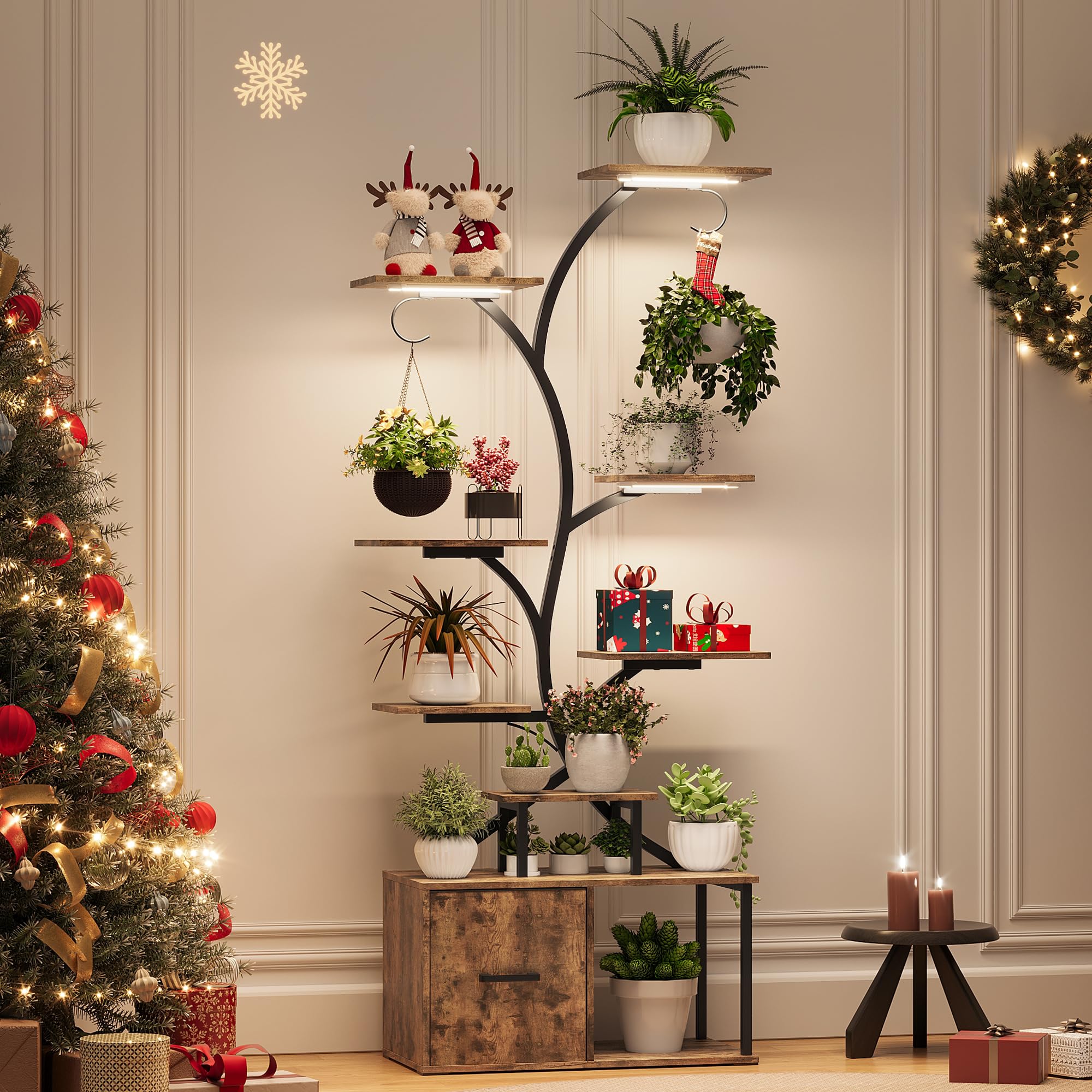 Support de fleurs avec lumières de croissance - Étagère à plantes à 9 étages en bois et métal avec grande capacité de stockage - Armoires - 156 cm - Pour l'intérieur et l'extérieur - Pour balcon
