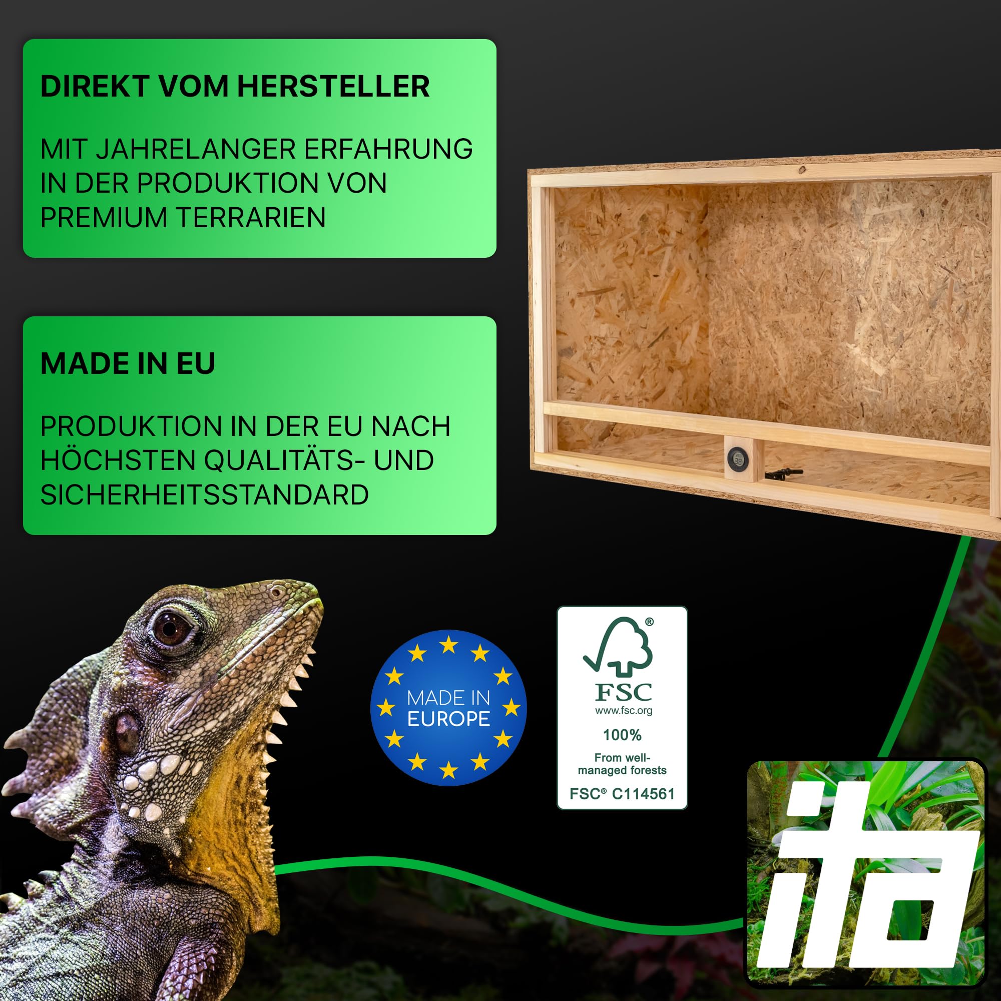 ITA Holz Terrarium 100x60x60 cm mit Offenem Dach & Integriertem Hygrometer - Holzterrarium aus OSB-3 Platten - Terrarien für Reptilien, Schlangen, Amphibien - EU Produkt, FSC Zertifiziert