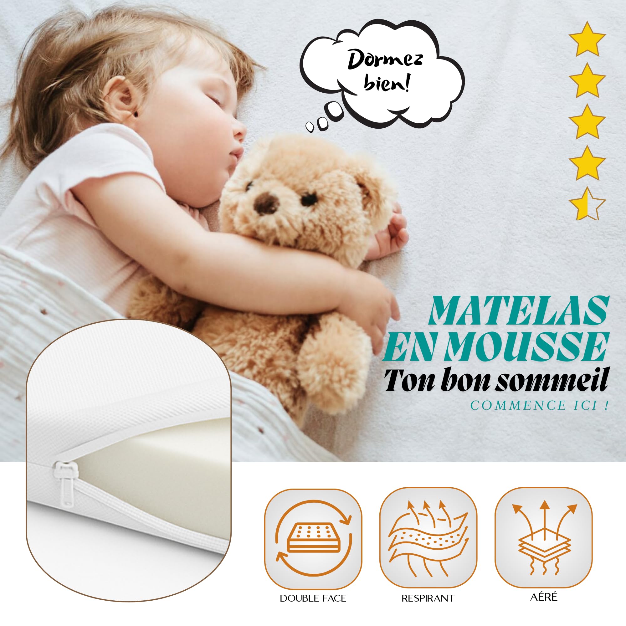 KOBI Matelas en Mousse 80x160, Matelas de lit, H2 Semi-Flexible, pour Chambre d'enfant, Double Face, Respirant, déhoussable