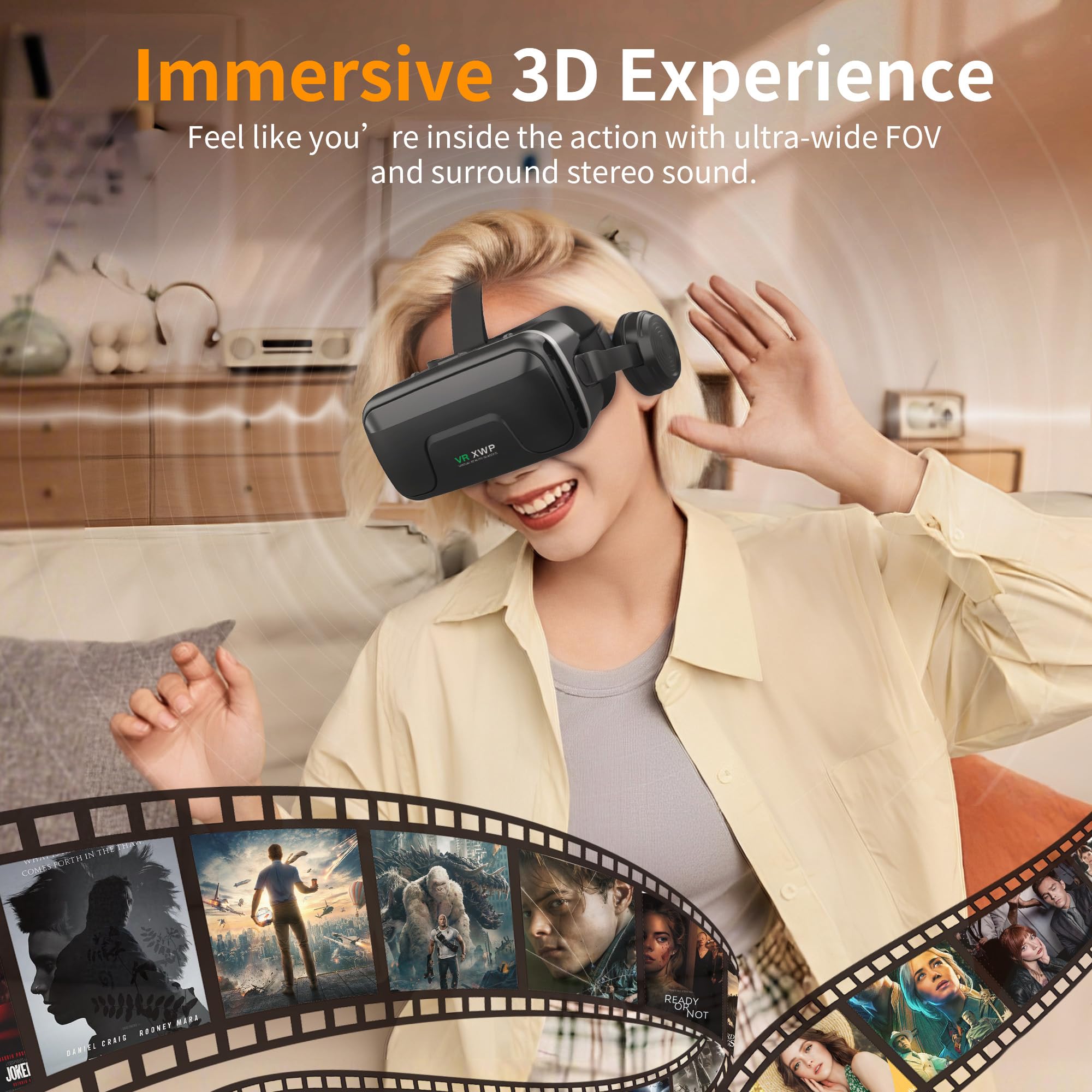XWP Visore VR, Occhiali Per Realtà Virtuale 3D Con Cuffie, Compatibili Con iPhone & Android (4,7–7,2"), Con Lenti HD Anti Luce Blu, Per Giochi E Film, Regalo Di Compleanno Per Bambini E Famiglia