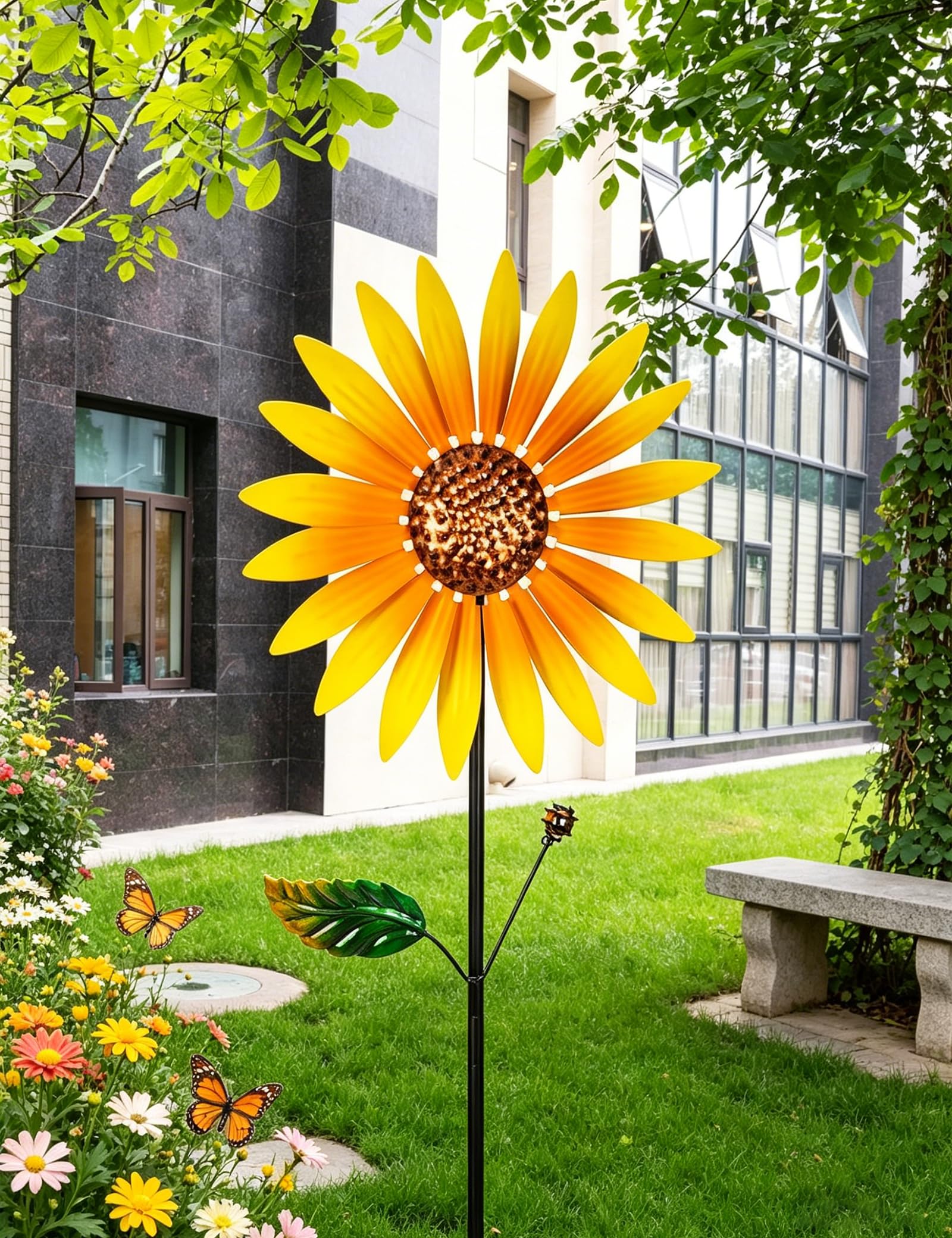 2 Pezzi Girandole da Giardino in Metallo, 160cm Mulino a Vento da Esterno, Scultura Cinetica a Doppia Rotazione - Forma di Girasole