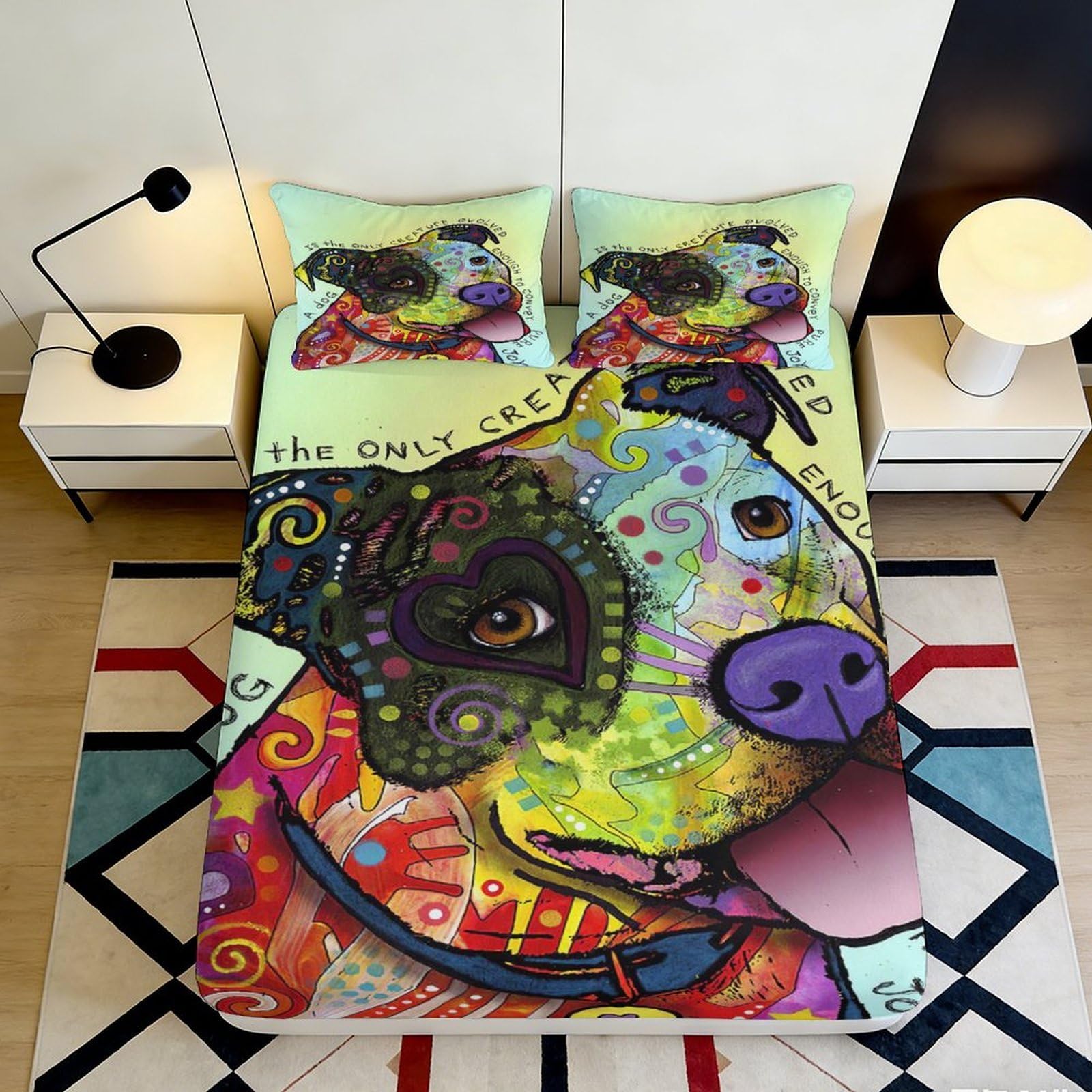 3D Printed Colorful Dog Pattern Fitted Sheet Microfiber Soft Breathable Artistic Puppy Bed Cover for Bedroom Dormitory Guest Room Mattress Protection 180x200x25cm