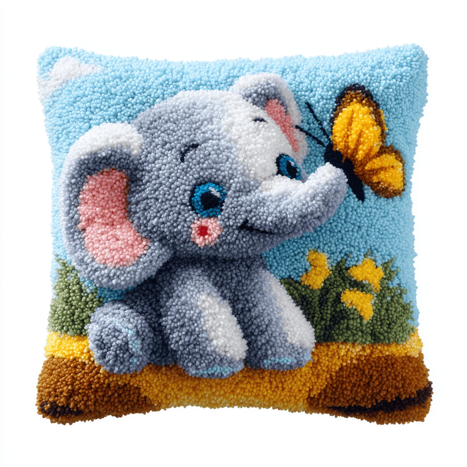 XDEGHUANGSS DIY Latch Hook Cushion Kit - Butterfly Elephant Pattern Pillow Cover for Beginners,Handmade Yarn Latch Hook Pillowcase Sofa Cushion Material Pack,Home Decor Gift Set,43x43 cm