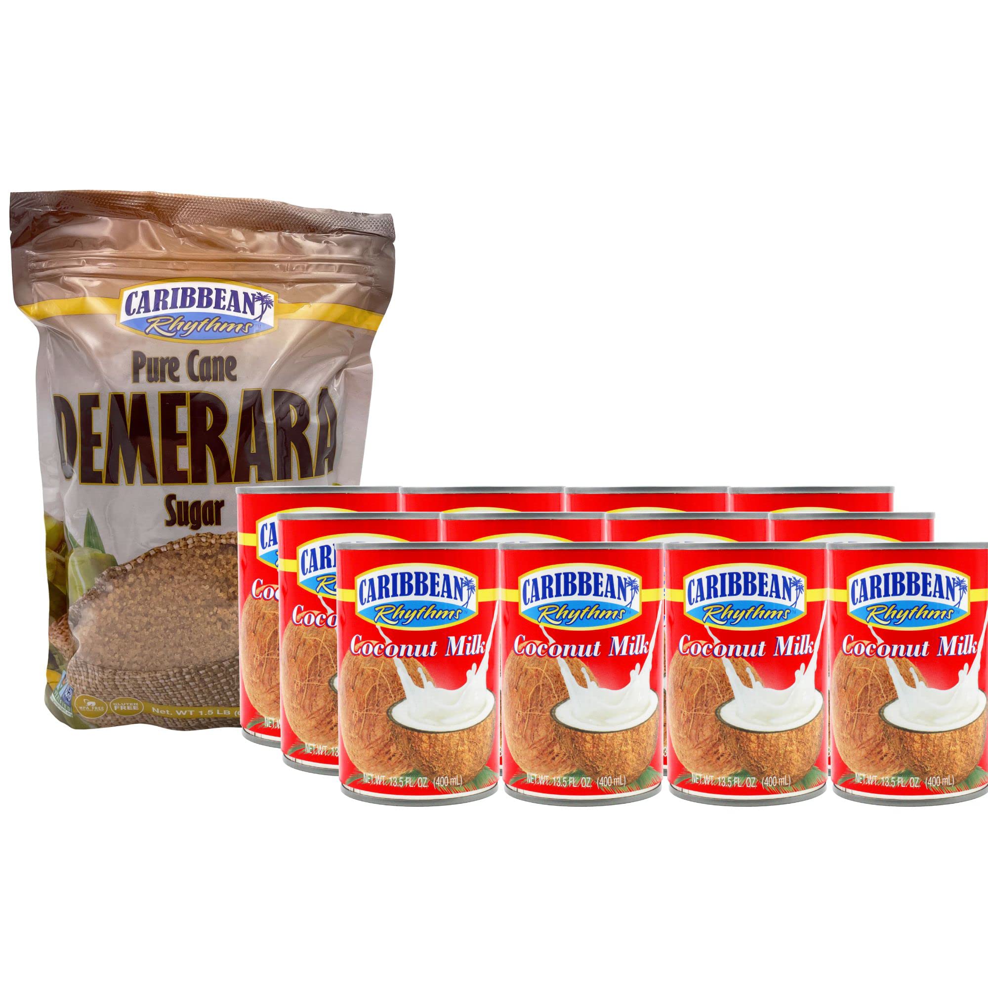 Caribbean Rhythms Coconut Milk, 13.5 fl oz (Pack of 12) + Caribbean Rhythms Demerara Sugar, 1.5 lb.