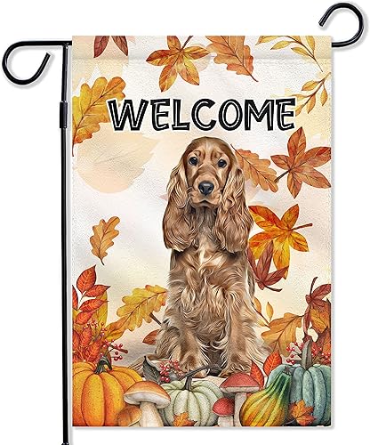 Prezzy Bandera de jardín de perros de otoño, banderas de Cocker Spaniel inglés, decoración al aire libre, 12.5 x 18 pulgadas, vertical, de doble
