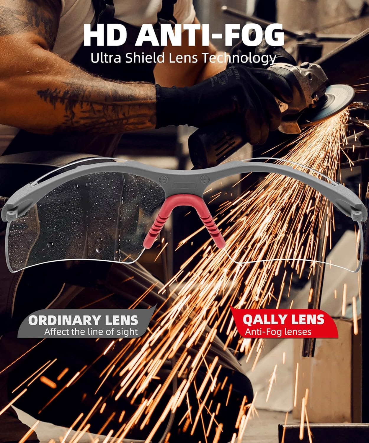 Wrap-Around Safety Glasses for Men ANSI Z87 Anti-Fog Clear Work Glasses with Removable Foam Nose Pad Adjustable Frame