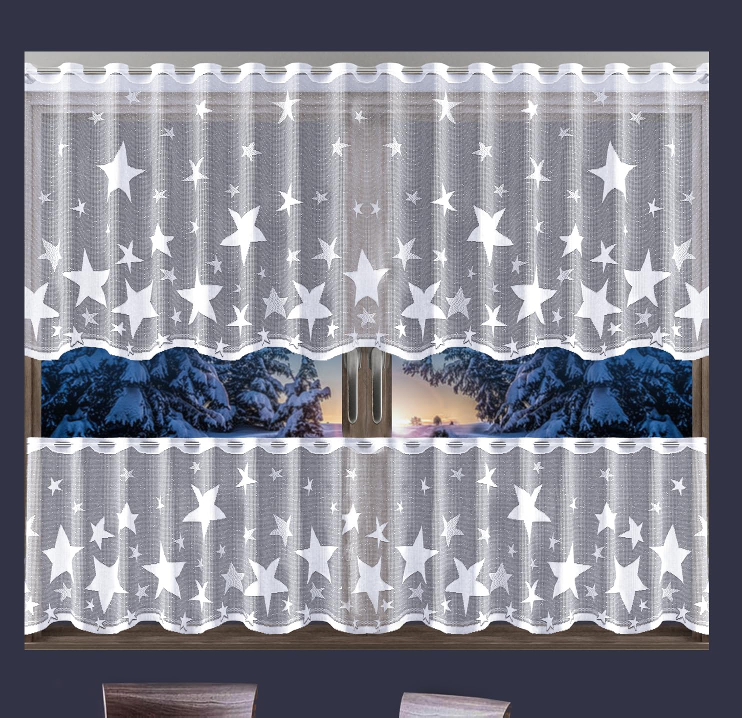 MforStyle White CAFE Net Curtain STARS - READY TO HANG - HEMMED EDGES - Window decor - MANY SIZES - (selected curtain: 2.5 Metres Width, DROP: 24" (60cm)