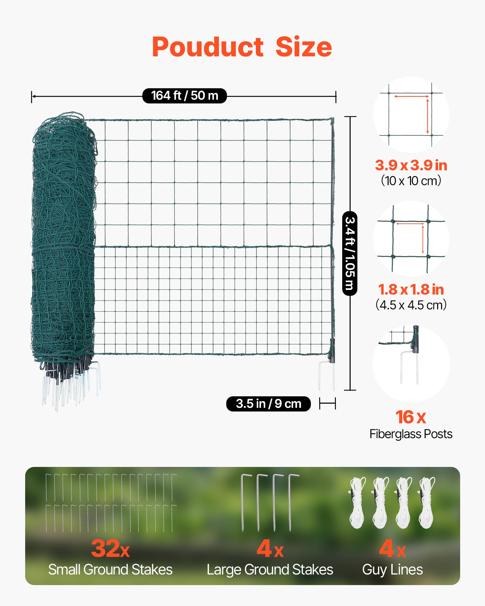 VEVOR Rete per Recinzione in Plastica, Recinzione Temporanea Flessibile 1,05 x 50 m, Rete di Sicurezza Rimovibile con Pali, Picchetti a Doppia Punta e Tiranti, Protezione per Aiuola Giardino Cortile