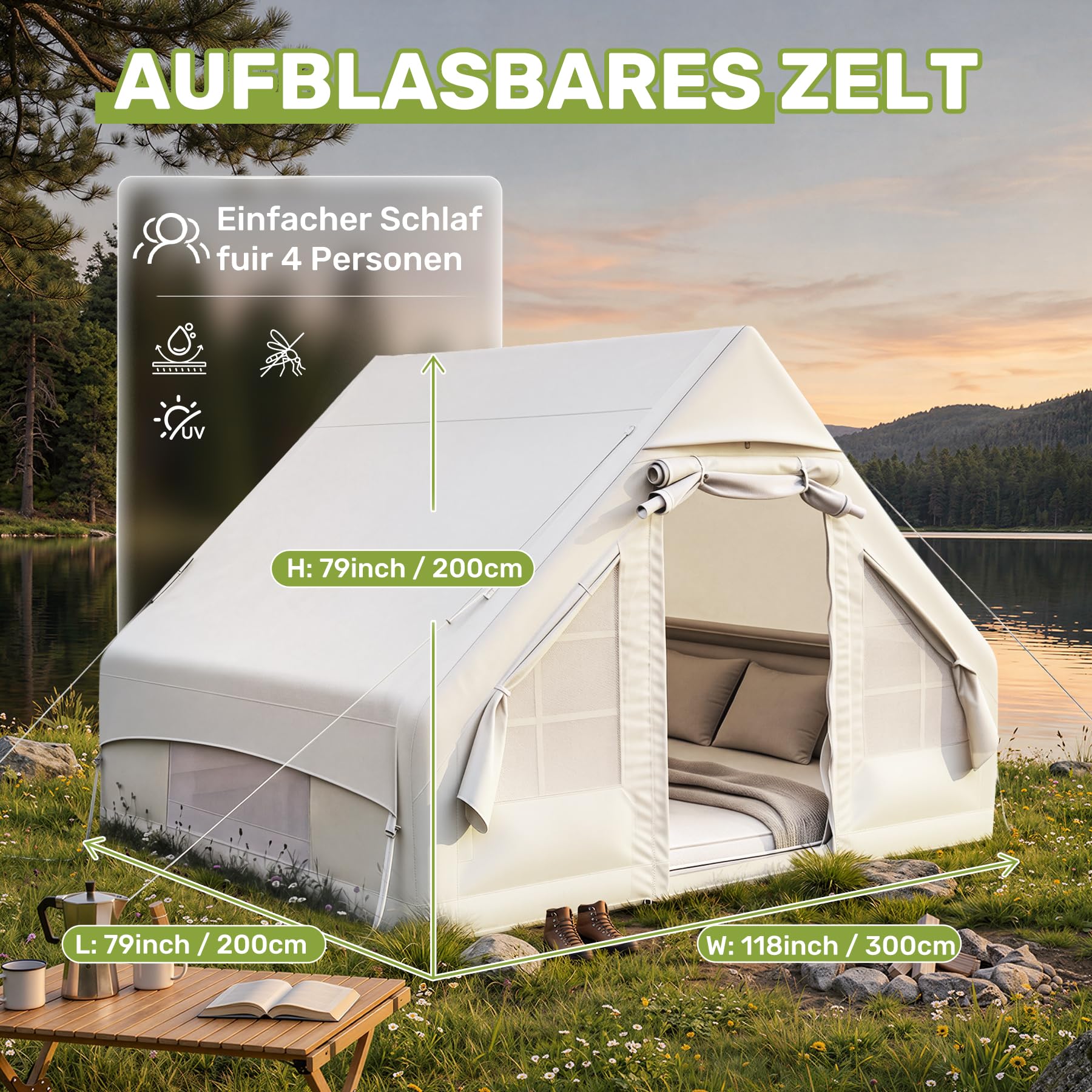 Hawthyhome Aufblasbares Zelt 3x2m, Campingzelt für 2-6 Per mit Luftpumpe aus Wasserdichtem Oxford-Stoff für Jahreszeiten, Schneller Aufbau Luftzelte