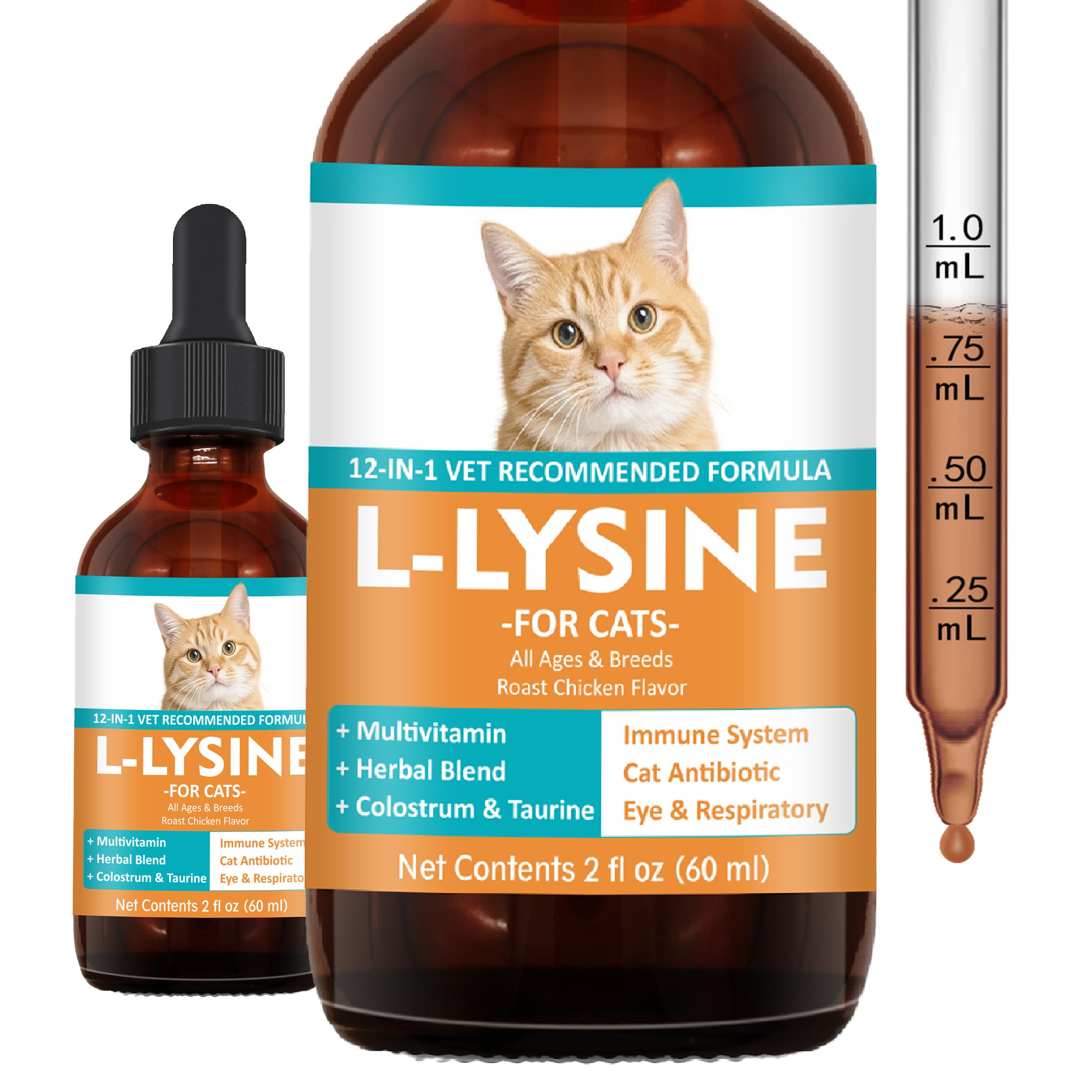 L-Lysine Supplement for Cats – Immune & Respiratory Support, Liquid Lysine for Sneezing, Runny Nose & Eye Health, Chicken Flavor, 60 mL