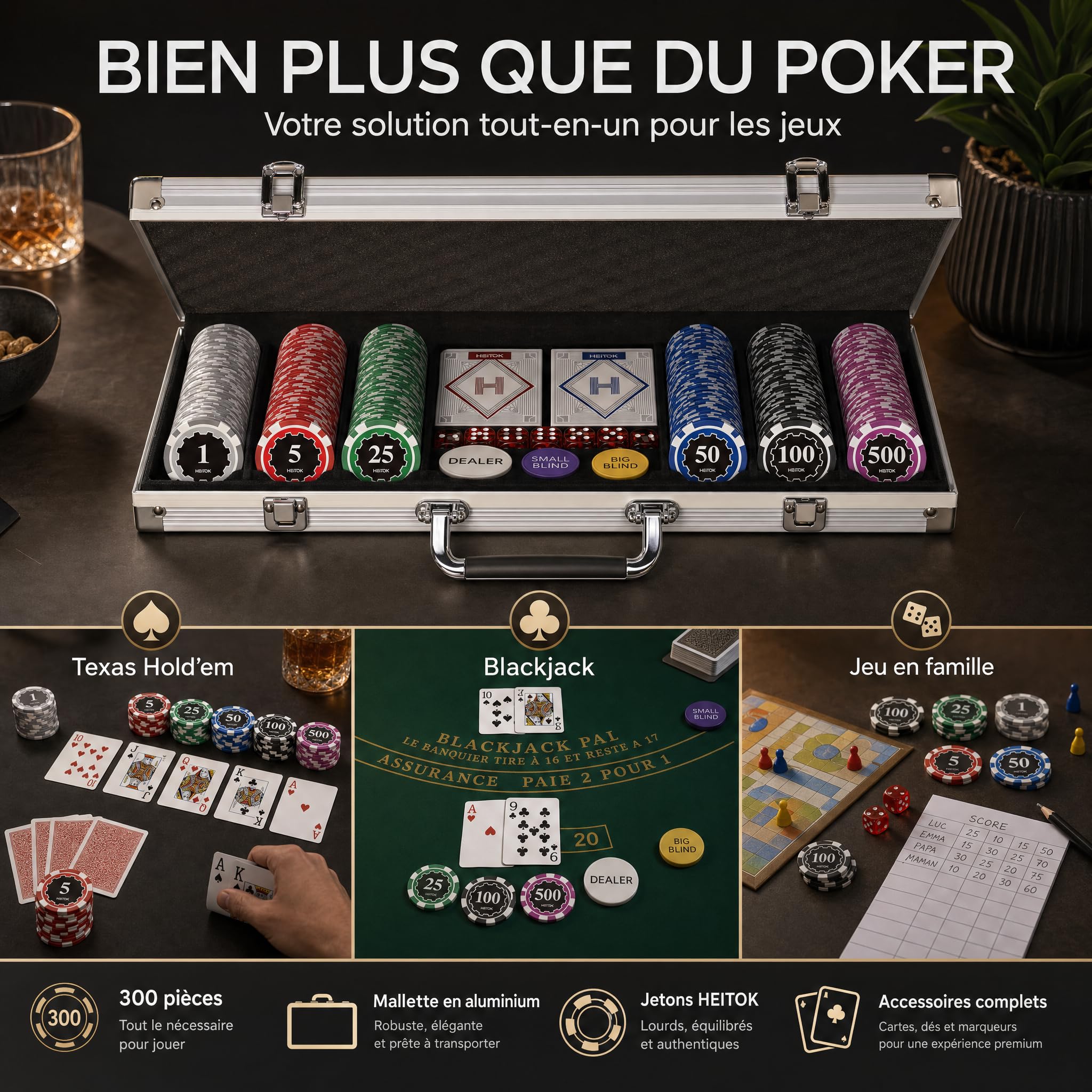 HEITOK Mallette de Poker Professionnelle 300 Jetons Numérotés 11,5g avec Insert Métal – Set Complet Texas Hold'em, 2 Jeux de Cartes, Dés, Boutons Dealer – Valise Aluminium pour Soirées Casino Adultes