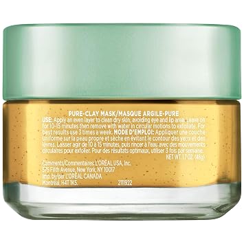 L'Oreal Paris Skincare Pure Clay Face Mask with Yuzu Lemon for Rough Skin to Clarify & Smooth, Clay Mask, at home face mask, 1.7 oz.