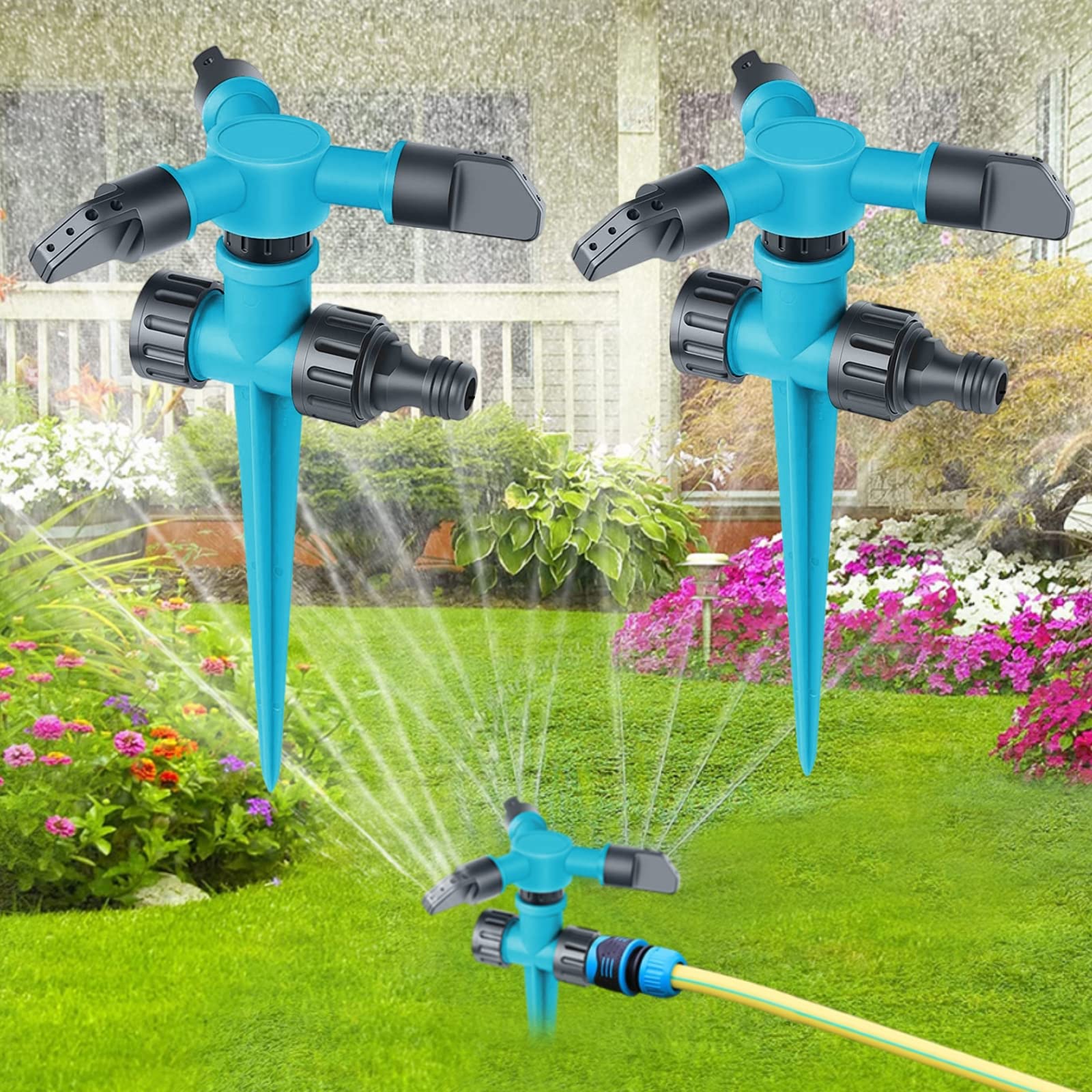 cakefly 2pcs Garden Sprinklers 360 degree Rotating Lawn Sprinkler 3 Arms 1/2'' Water Sprayer Adjustable Watering Irrigation System for Garden Yard Plants Flowers Veggies Summer Outdoor Play