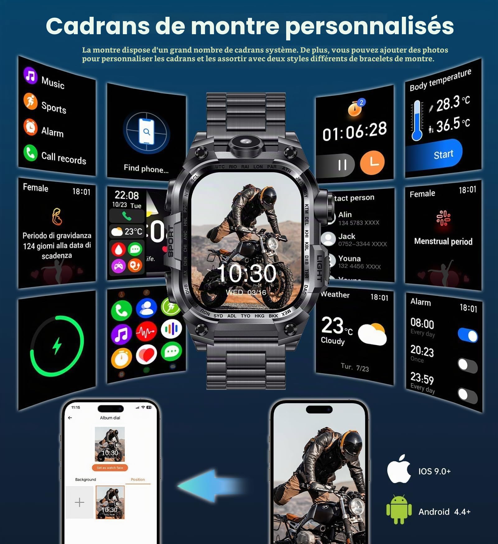 Montre Connectée Homme(2 Bretelles), 2.01'' HD Smartwatch Militaire avec Appels Bluetooth Torche LED 650mAh 150+ Mode Sportifs Surveiller Cardio Podometre Sommei, Fitness Tracker pour iOS Android-Noir