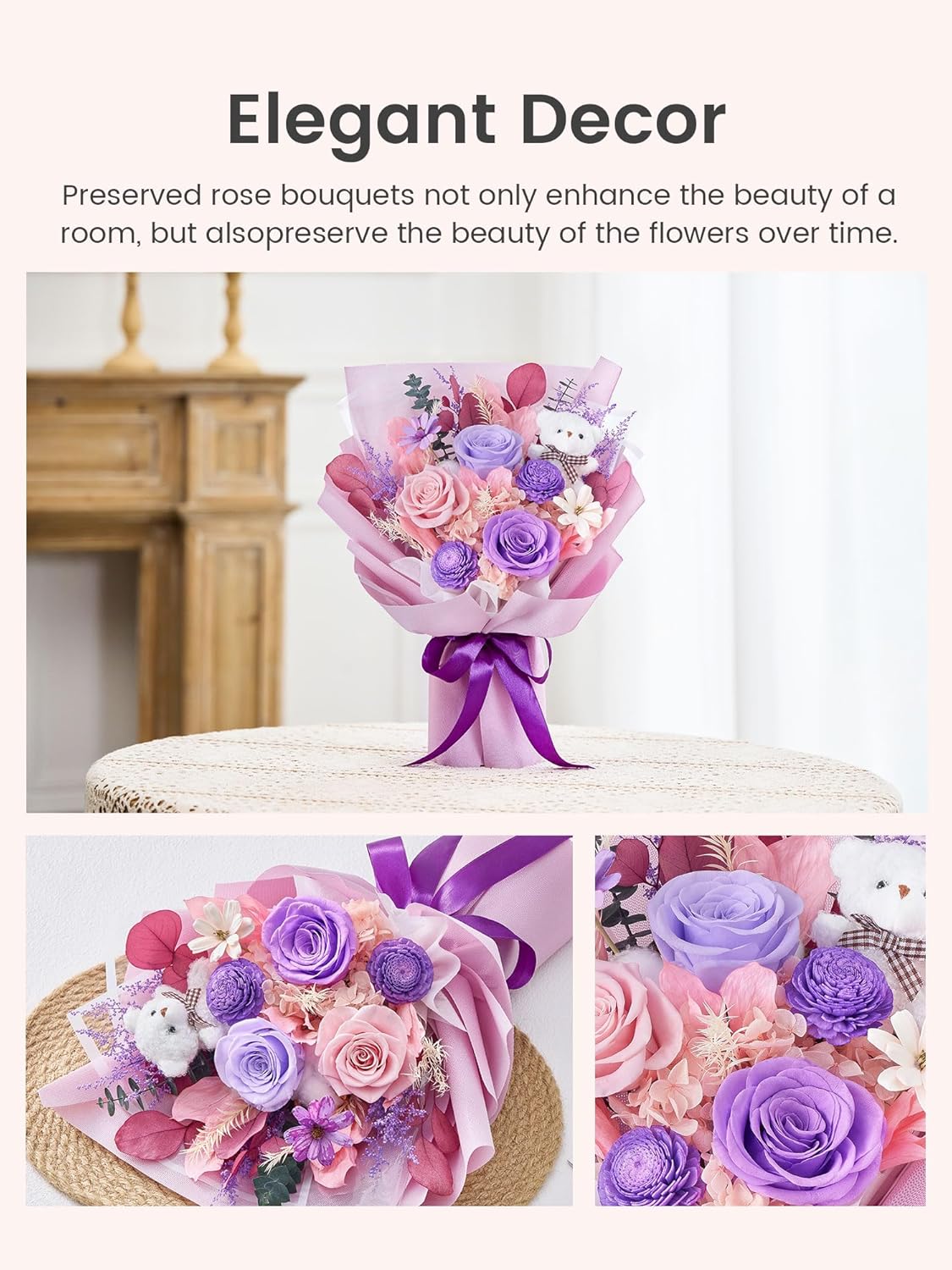 Polylove Preserved Flowers for Delivery Prime Forever Flowers Bouquet with Bear Flower Gift for Wife Women Birthday Mother Day Gift - Image 5