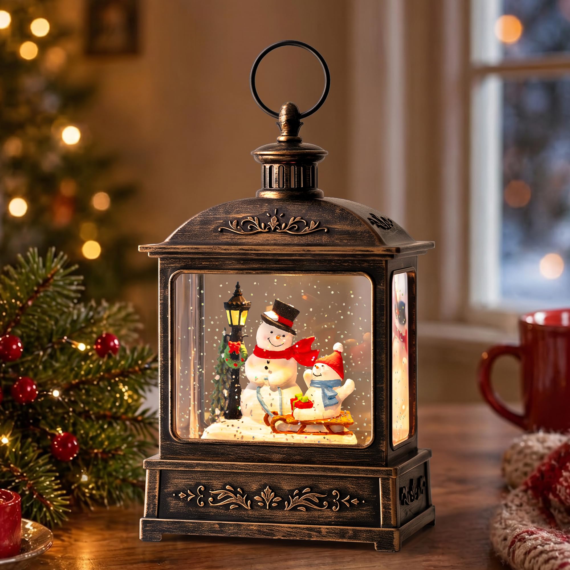 Christmas Snow Globe Swirling Glittering Snowman Duo with Music &amp; Timer, USB Lined/Battery Operated Lighted Water Lantern for Christmas Festival Decoration Gifts
