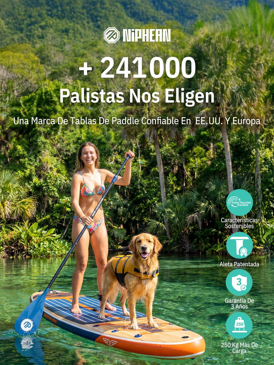 Niphean (Extra Grande) Tabla Paddle Surf Hinchable para 2+1 Personas/Familia, Paddle Surf con (Apto para Principiantes) Aleta Equilibrada, Funda Waterproof, Sup Board para Adultos, Regalo
