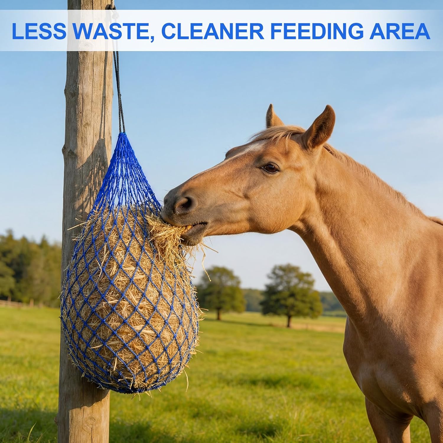 Windyun 4 Pcs Deluxe Ultra Slow Hay Feeder Nets, 42" Length with 1" Feeding Holes, Horse Supplies Heavy-Duty Top Loading Black Horse Hay Bag for Goats Sheep Livestock Barn Farm Feeding Tack(Blue)
