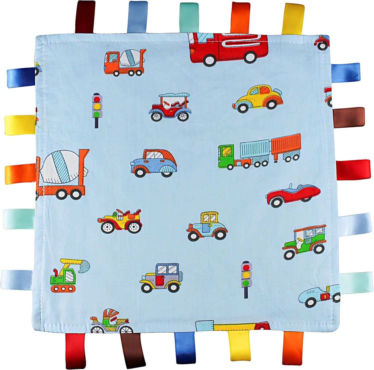 Blue Baby Tag, Taggy Blanket Blue with MultiColoured Vehicles Tag