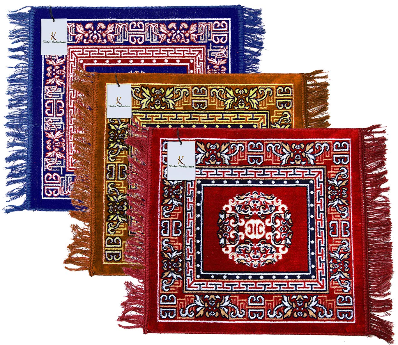 Kuber Industries 3 Pieces Velvet Prayer Mat/Aasan/Pooja Mat/Meditation Mat/Multipurpose Velvet Rug Mat 2 Ft X 2 Ft (Royal Blue & Gold & Maroon) CTktc33965