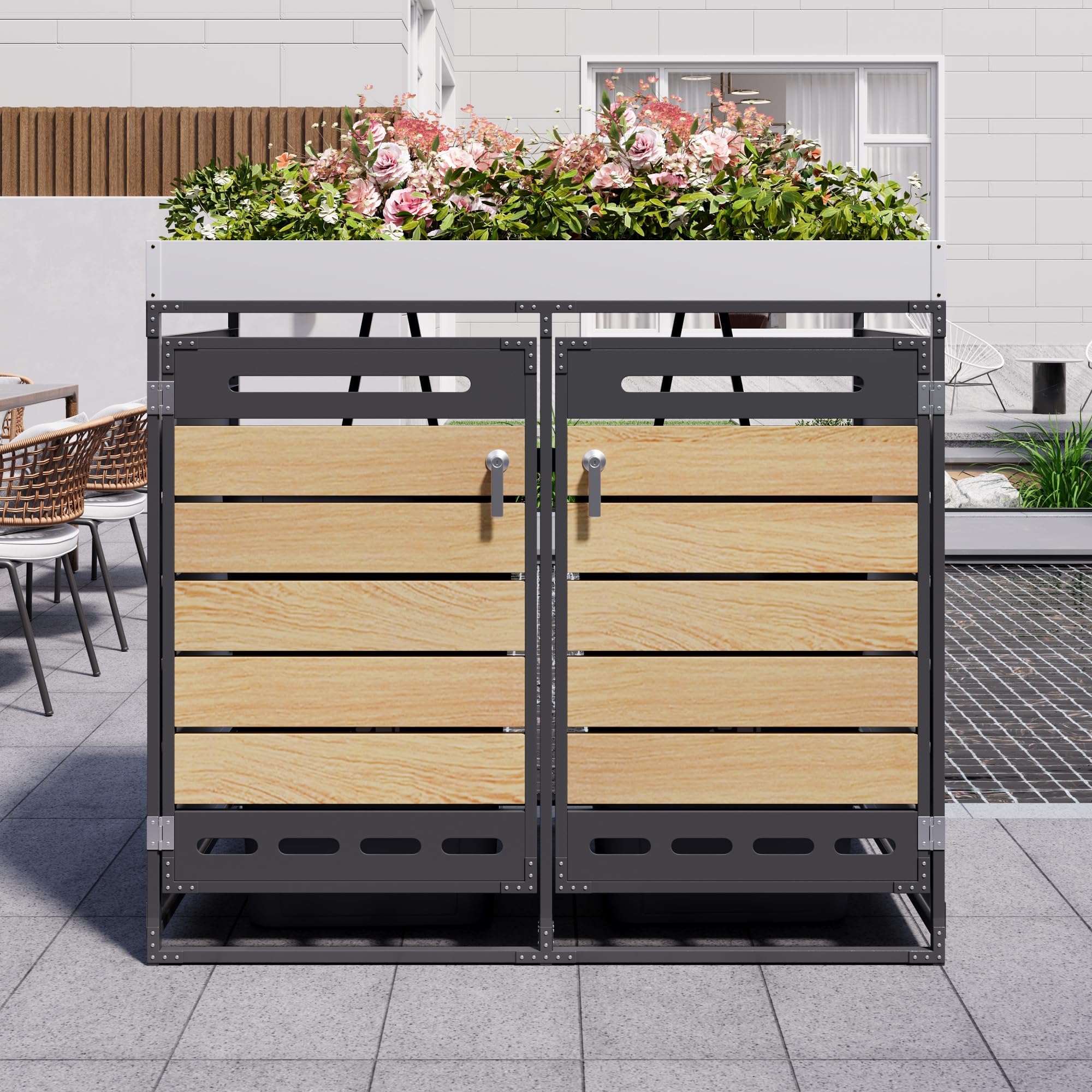 Mülltonnenbox 2er Mülltonnenverkleidung mit Pflanzkasten und Lüftungsöffnung für 2X Tonnen 120 und 240 L, Mülltonnenboxen mit Holzoptik-Leisten, Gartenmöbel Müllcontainer mit Schloss, Schwarz